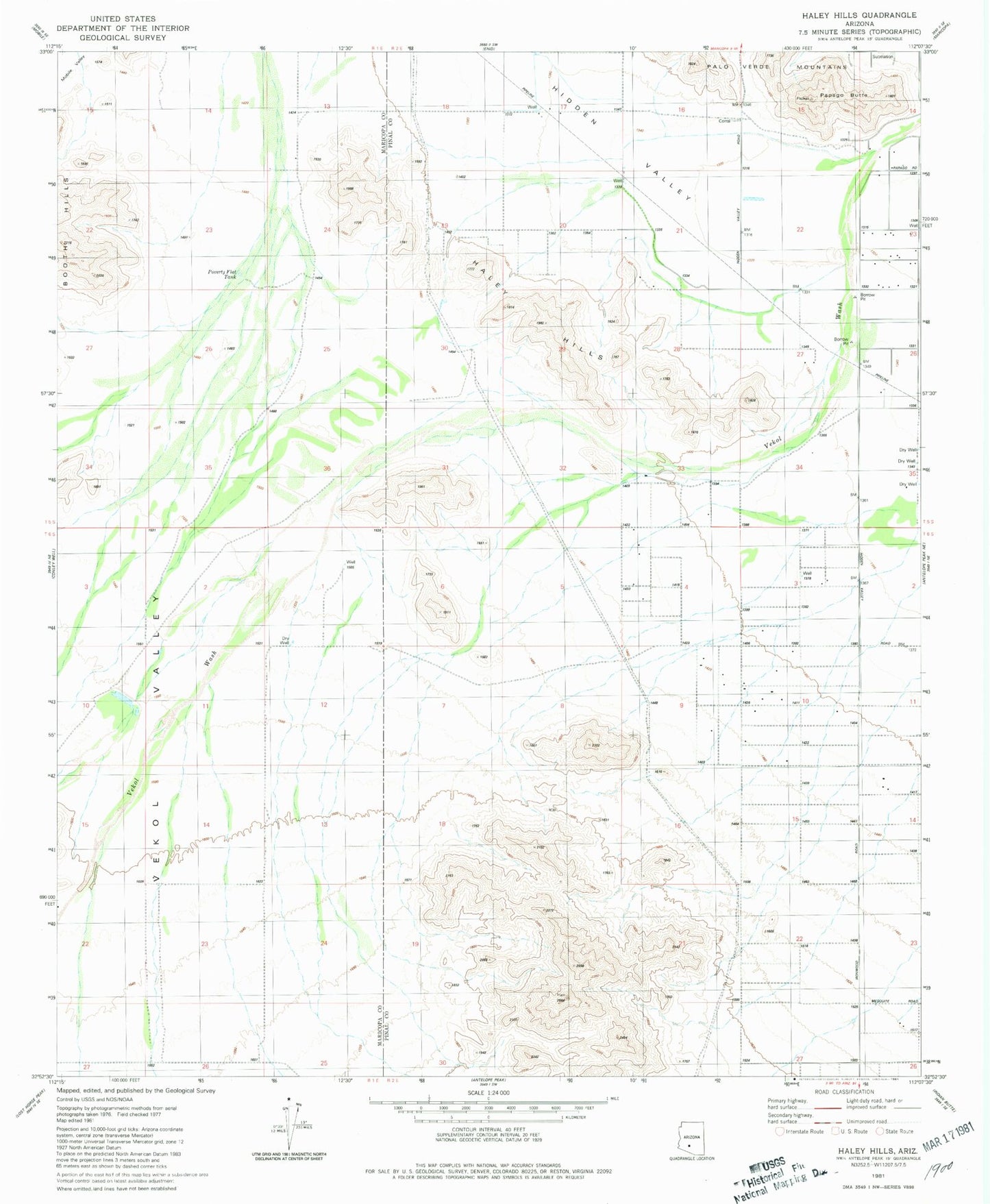 Classic USGS Haley Hills Arizona 7.5'x7.5' Topo Map Image