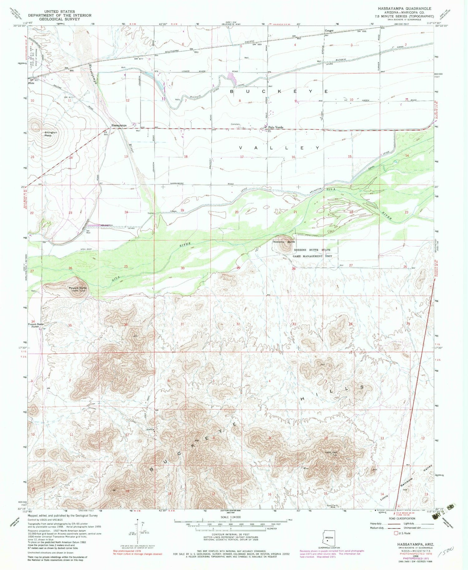 Classic USGS Hassayampa Arizona 7.5'x7.5' Topo Map Image
