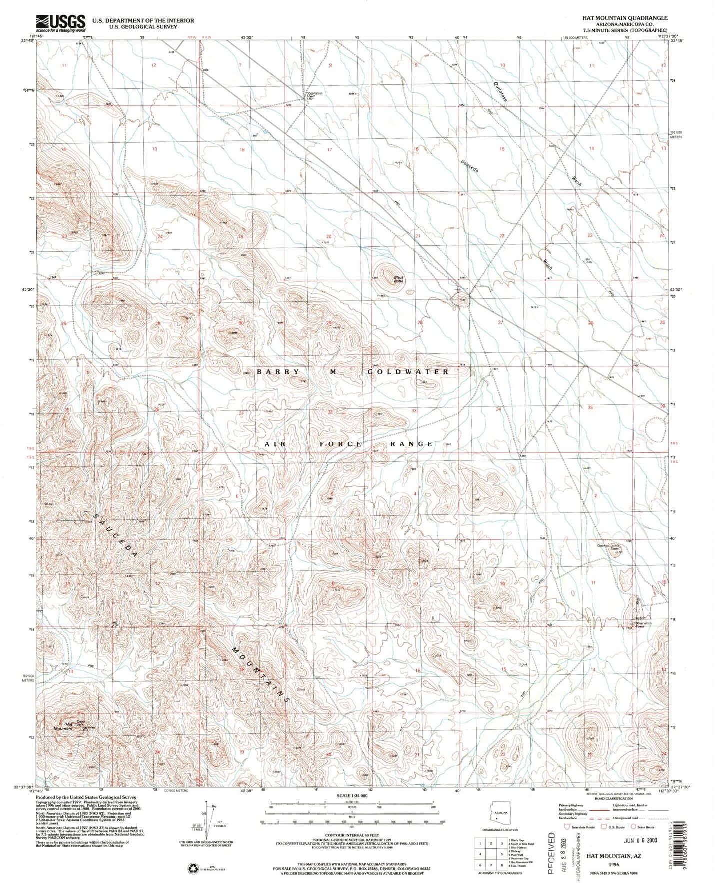 Classic USGS Hat Mountain Arizona 7.5'x7.5' Topo Map Image