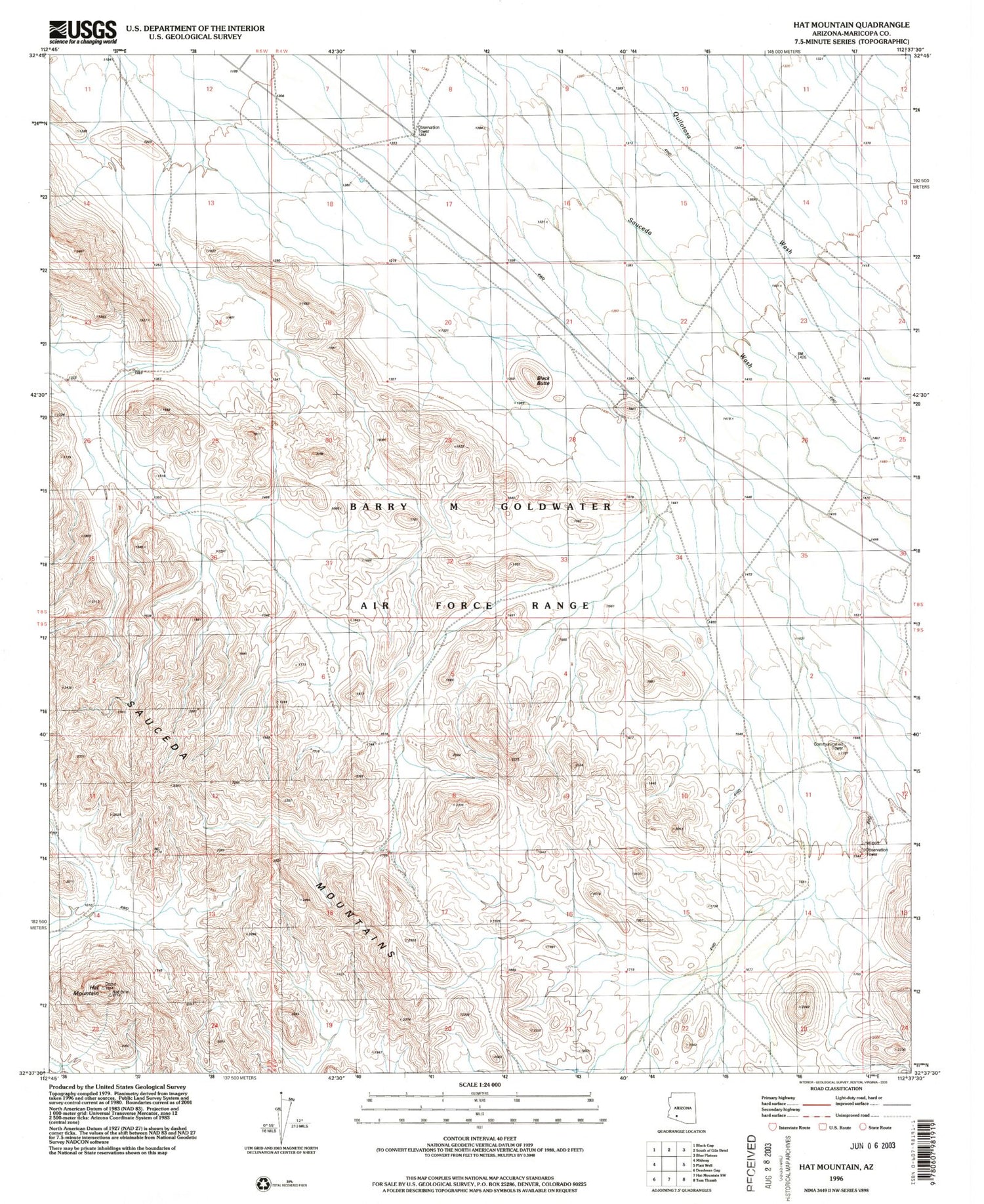 Classic USGS Hat Mountain Arizona 7.5'x7.5' Topo Map Image