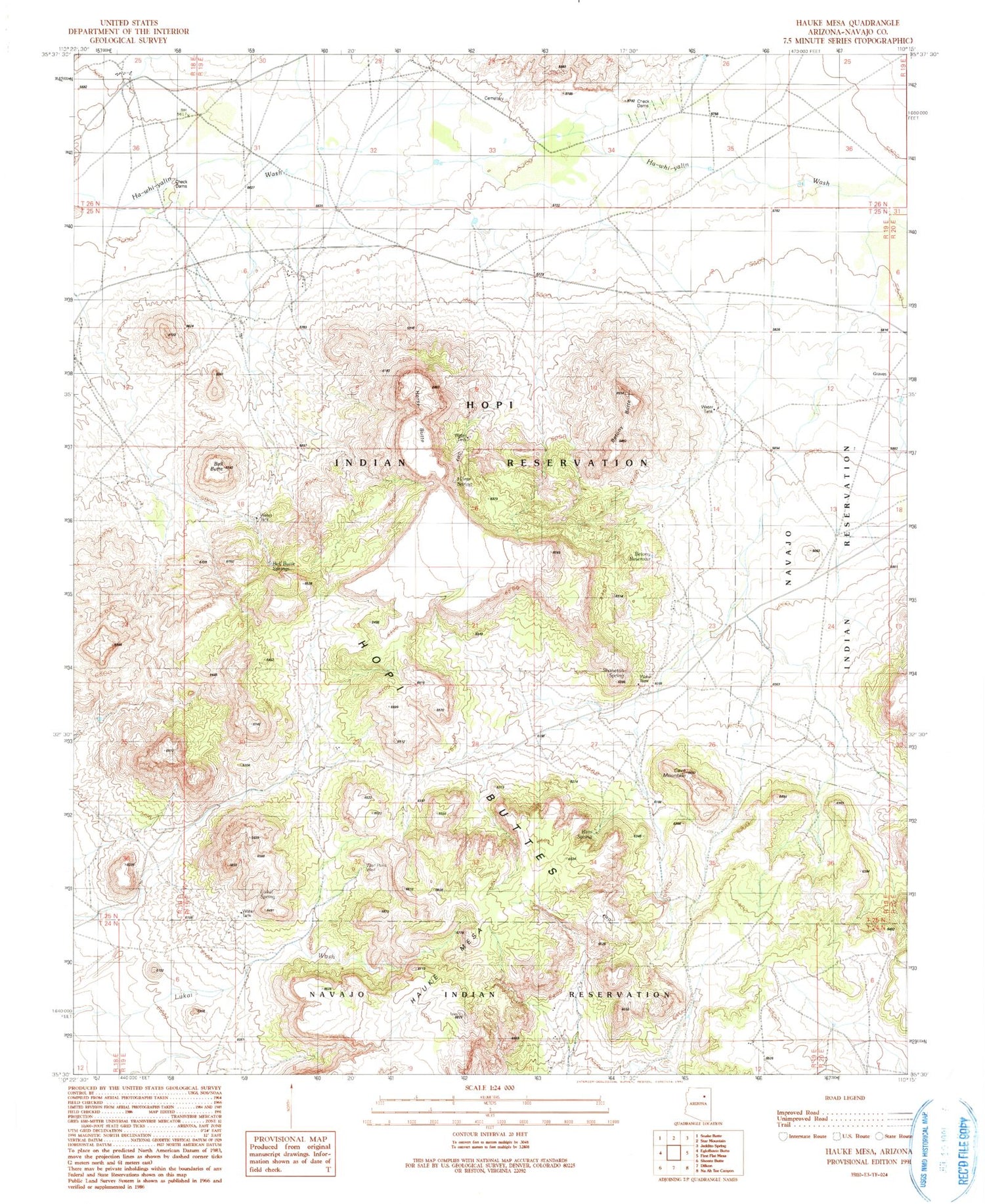Classic USGS Hauke Mesa Arizona 7.5'x7.5' Topo Map Image