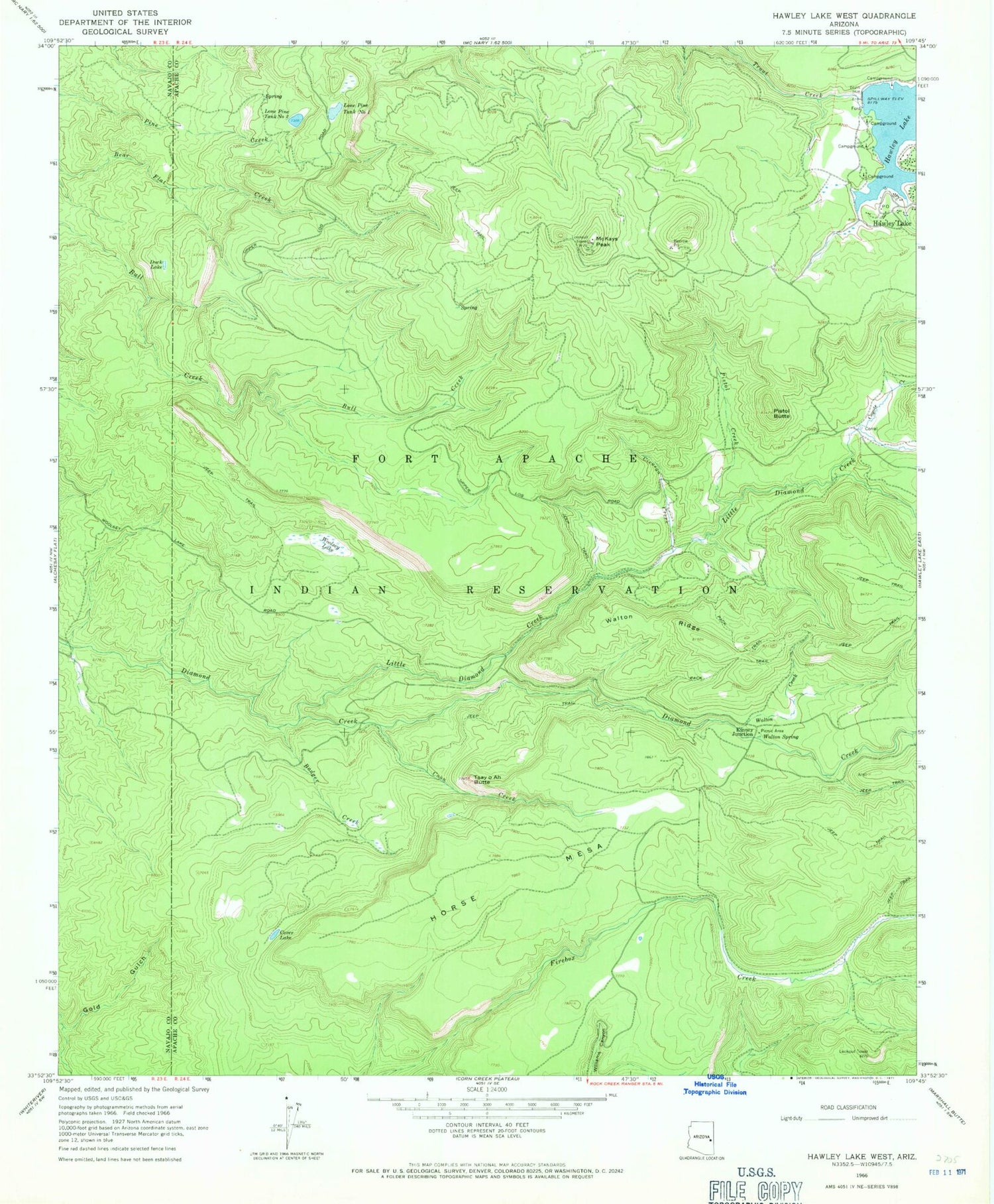 Classic USGS Hawley Lake West Arizona 7.5'x7.5' Topo Map Image
