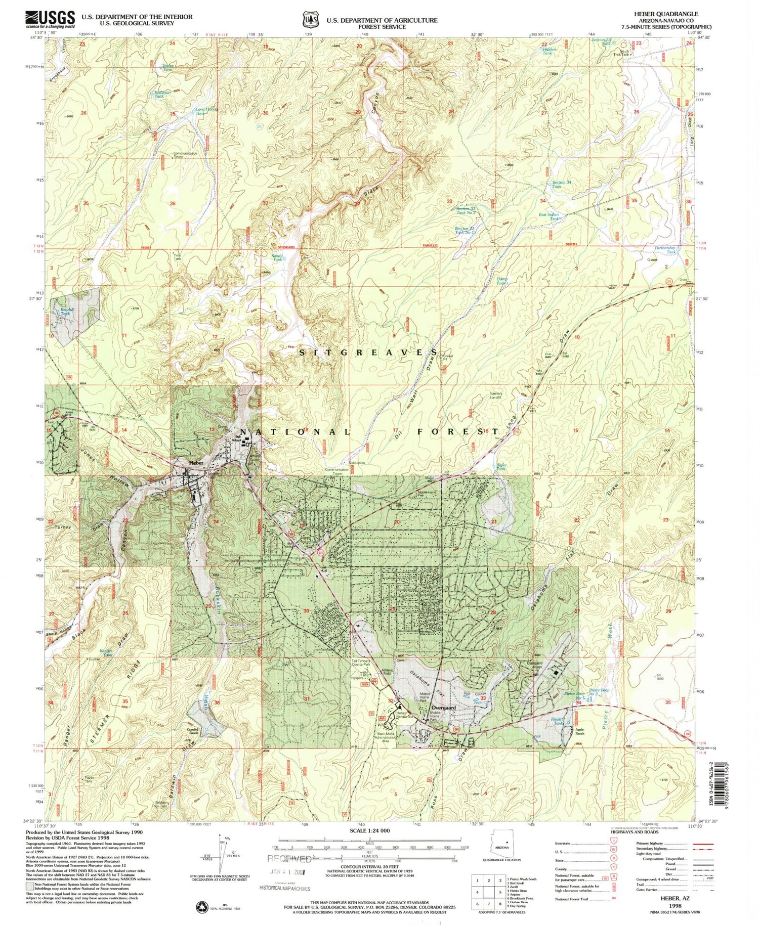 Classic USGS Heber Arizona 7.5'x7.5' Topo Map Image
