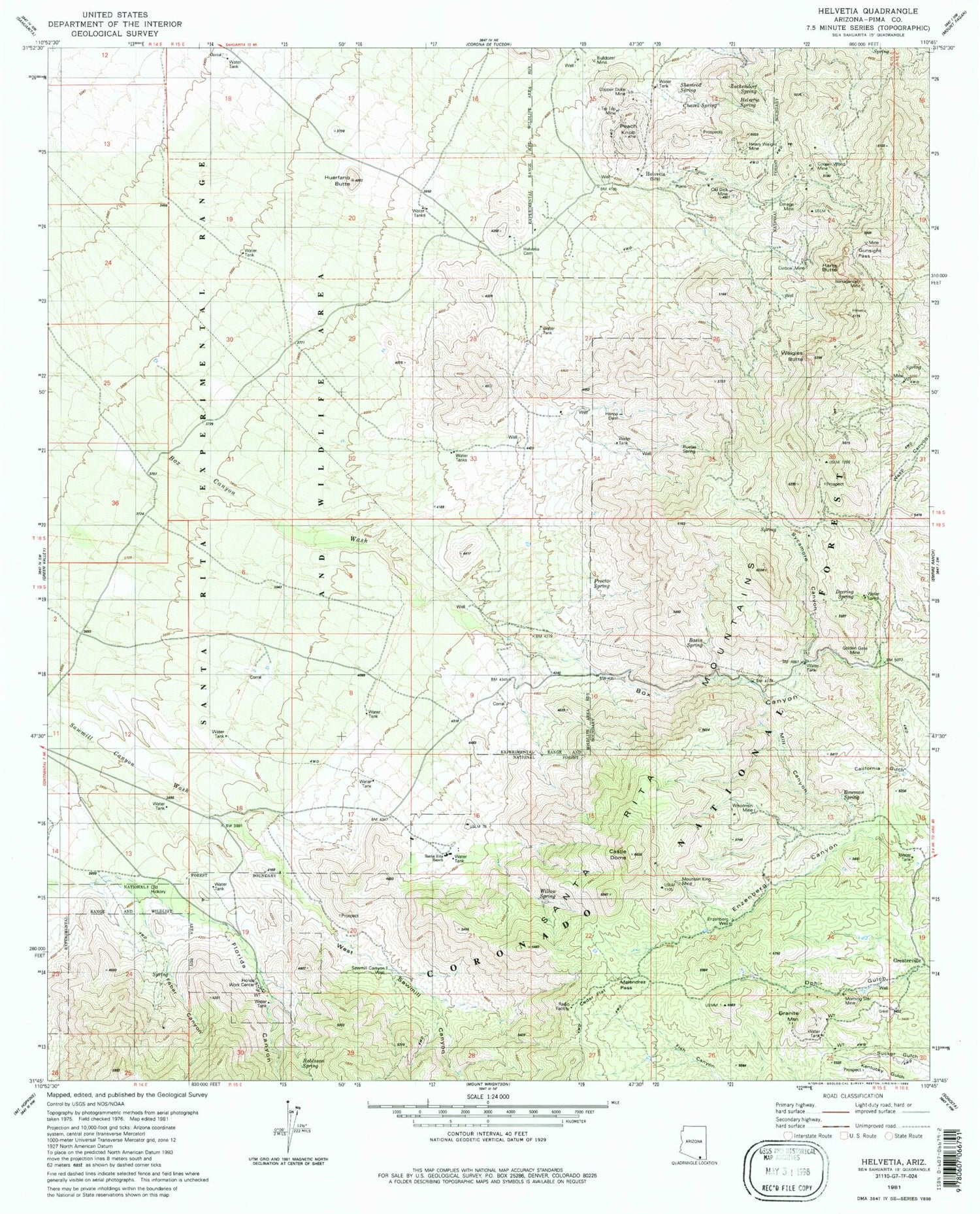 Classic USGS Helvetia Arizona 7.5'x7.5' Topo Map Image