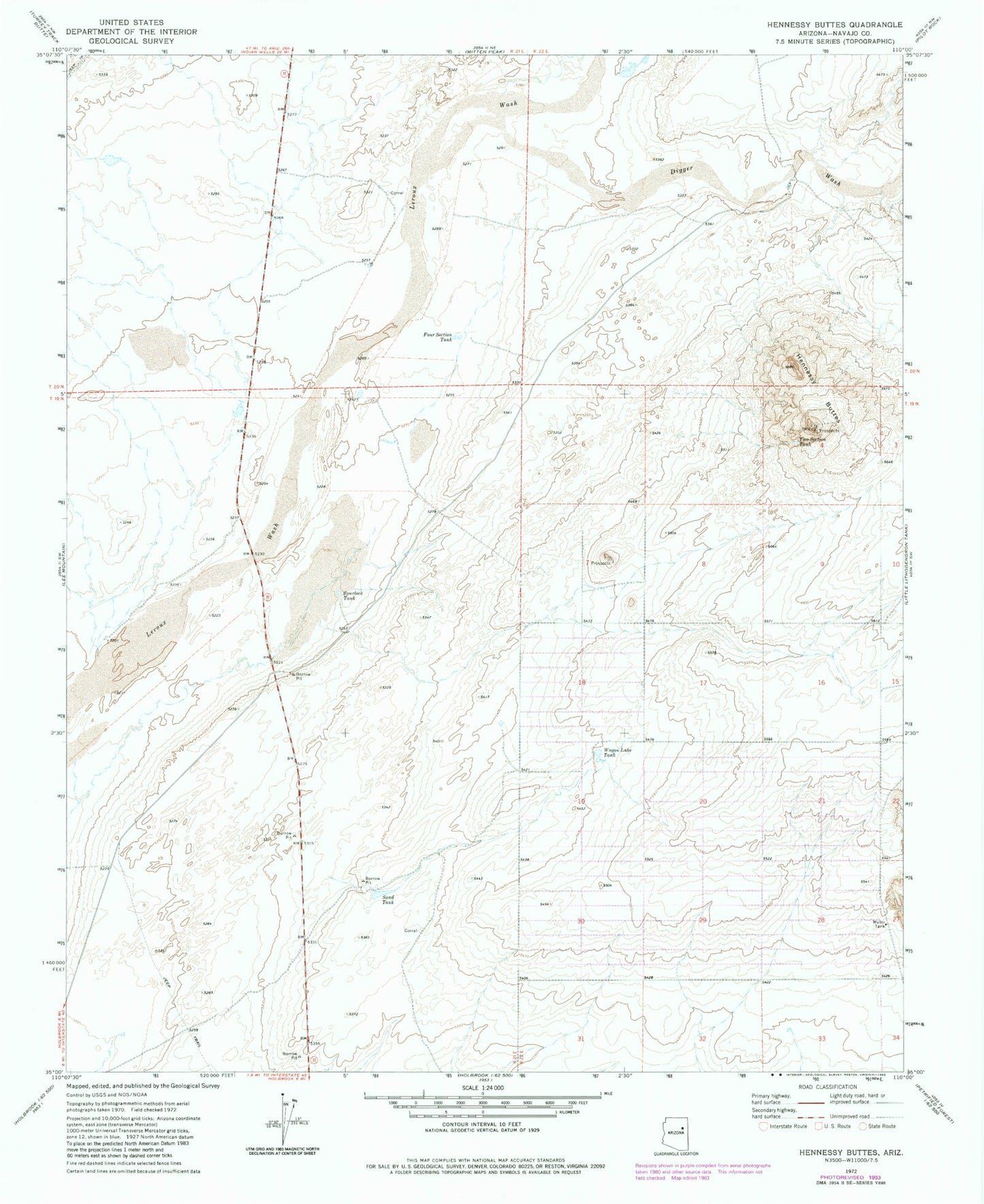Classic USGS Hennessy Buttes Arizona 7.5'x7.5' Topo Map Image