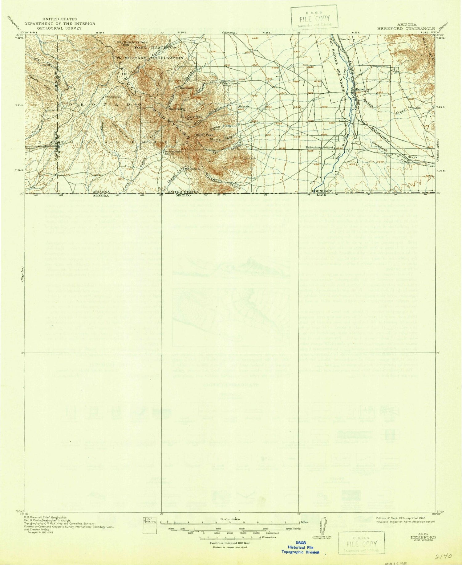 Historic 1914 Hereford Arizona 30'x30' Topo Map Image
