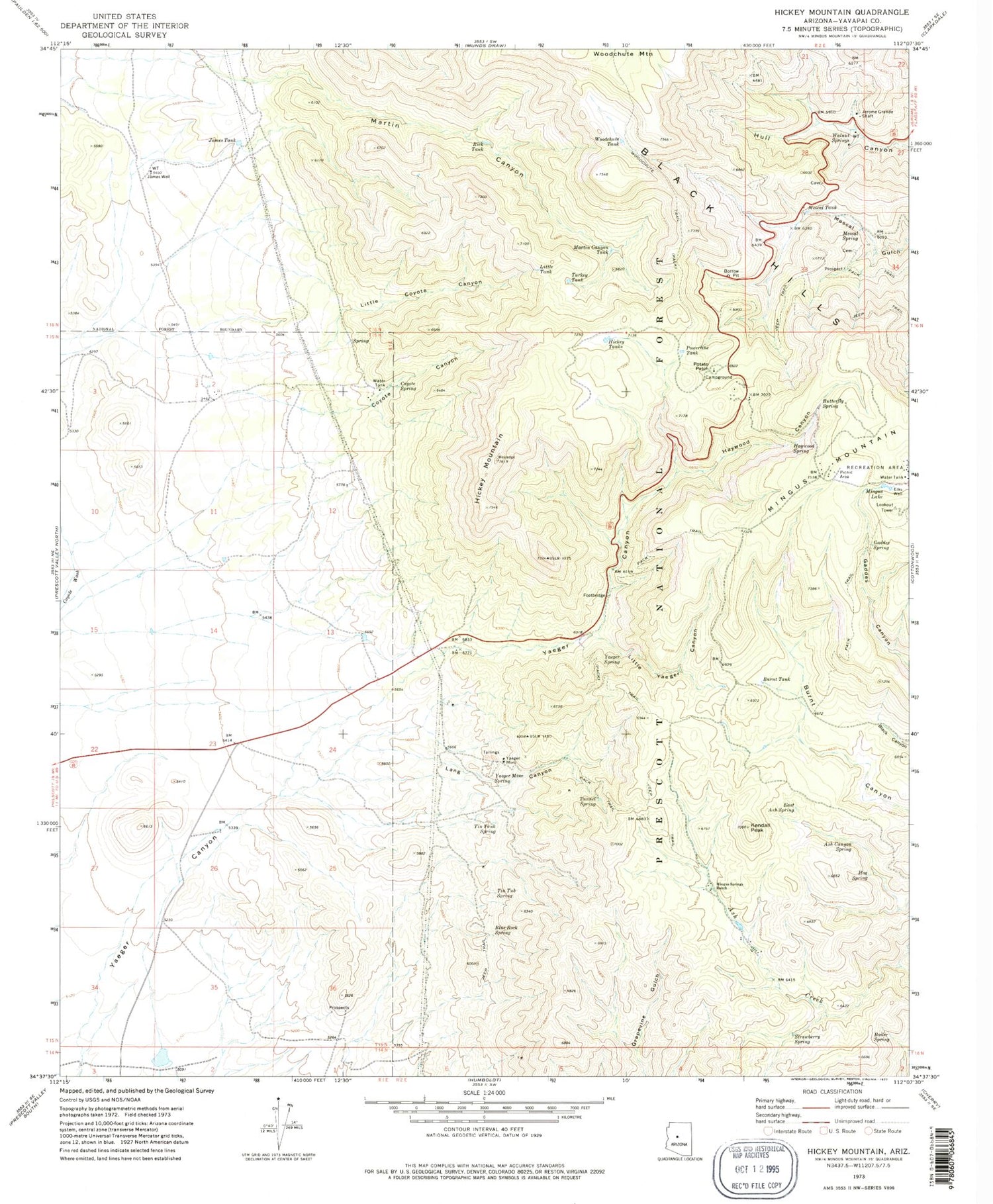 Classic USGS Hickey Mountain Arizona 7.5'x7.5' Topo Map Image