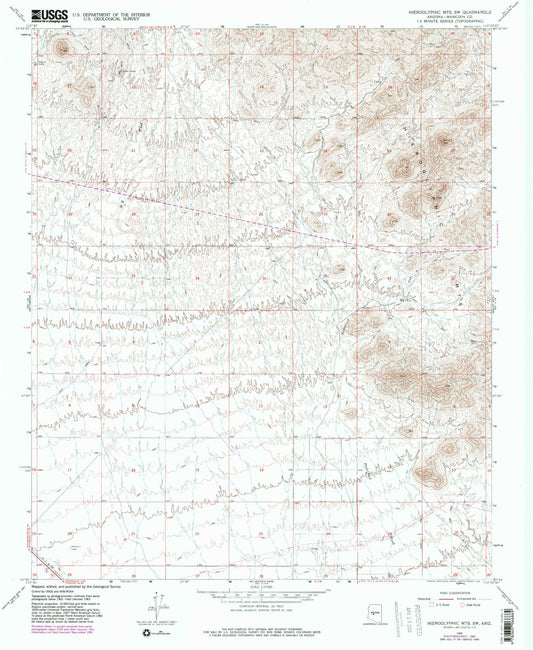 Classic USGS Hieroglyphic Mountains SW Arizona 7.5'x7.5' Topo Map Image