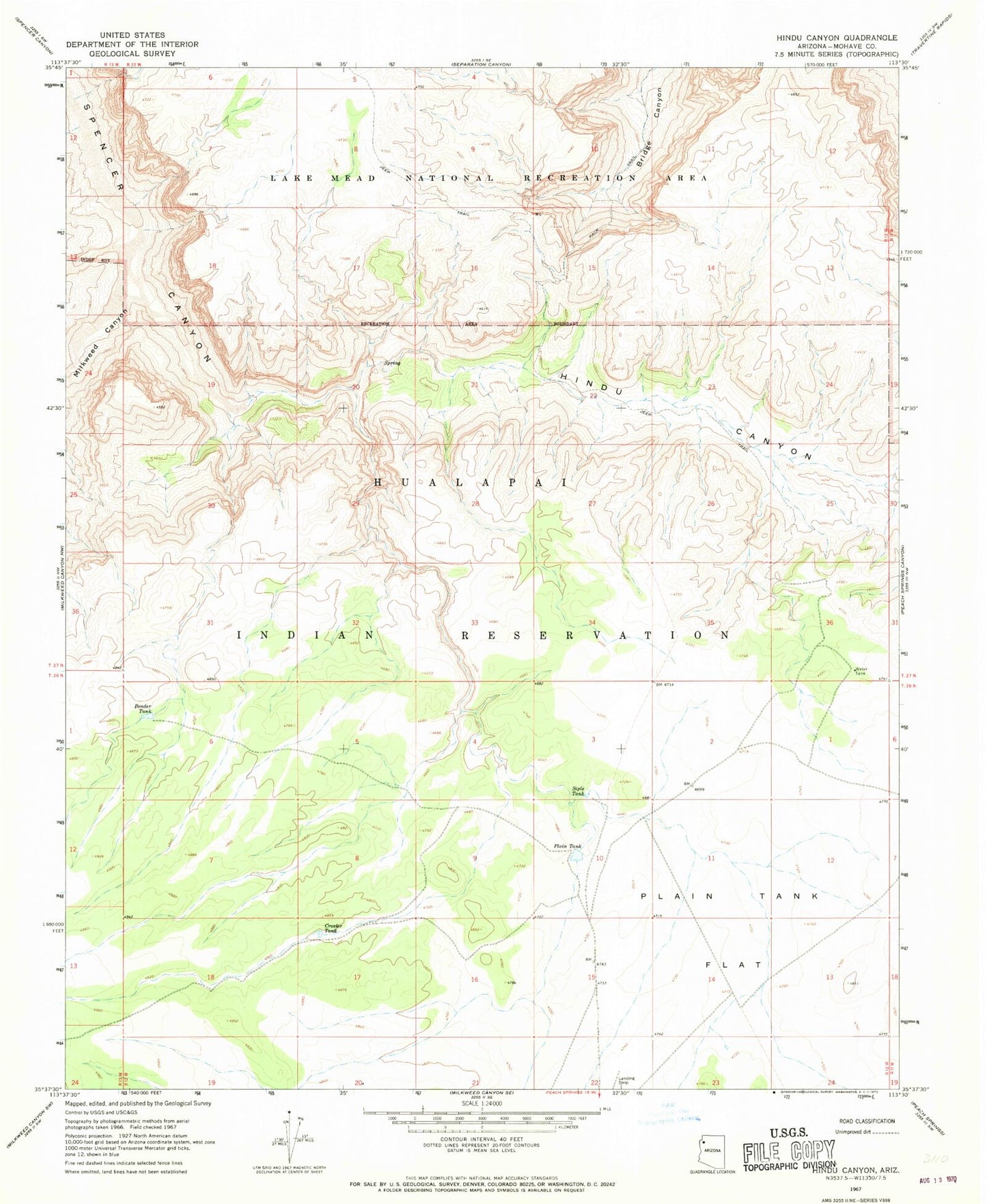 Classic USGS Hindu Canyon Arizona 7.5'x7.5' Topo Map Image