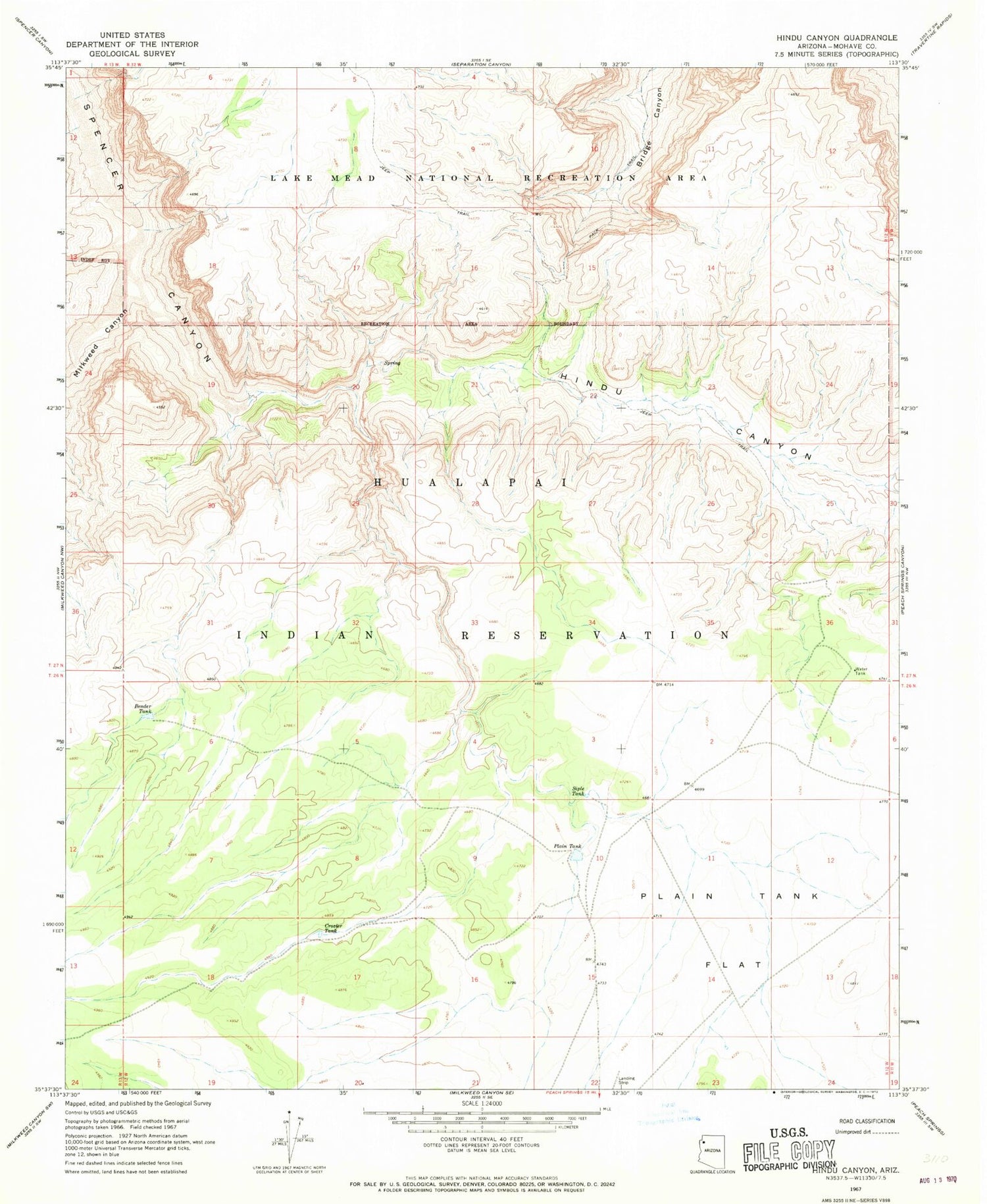 Classic USGS Hindu Canyon Arizona 7.5'x7.5' Topo Map Image