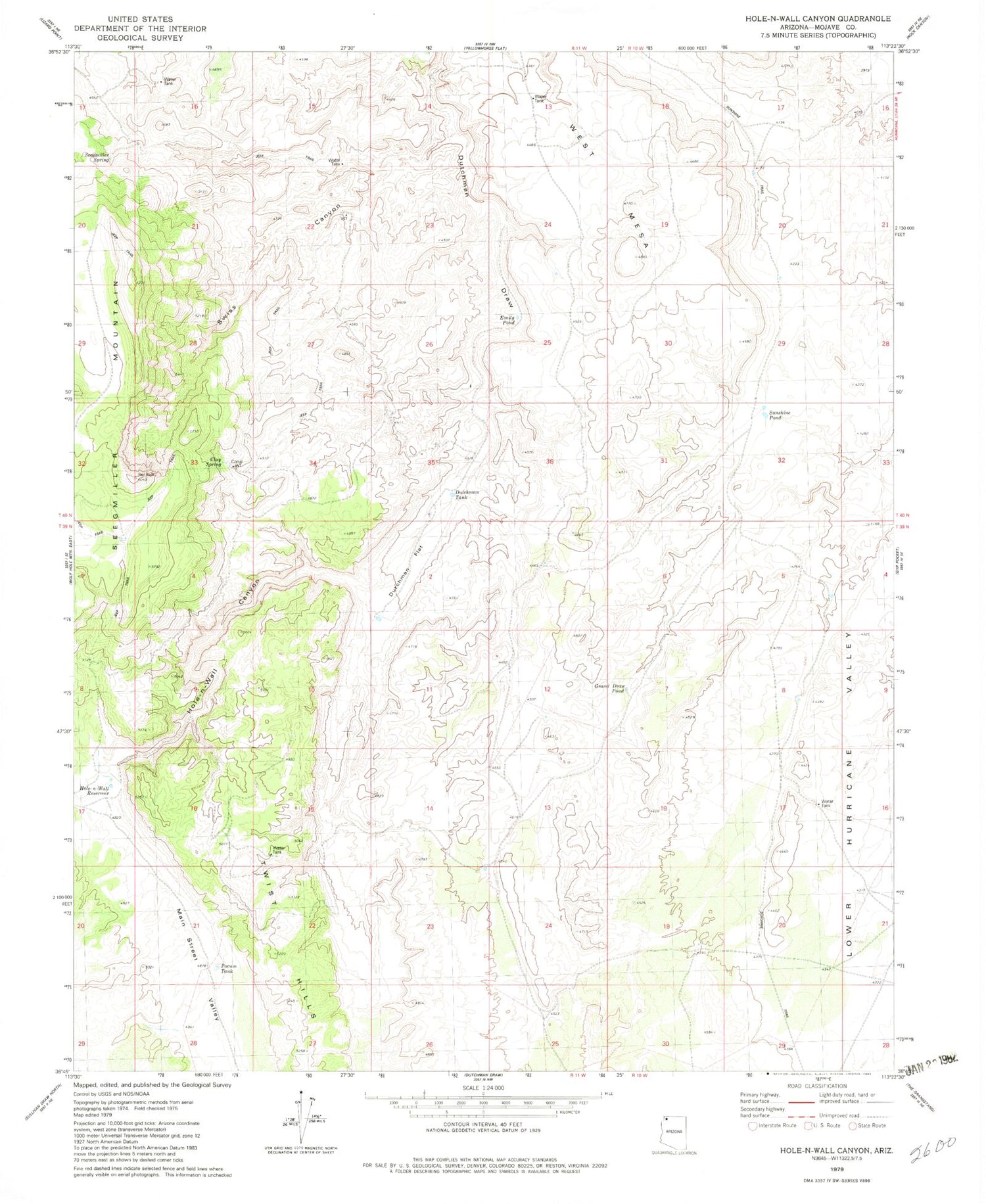 Classic USGS Hole-n-Wall Canyon Arizona 7.5'x7.5' Topo Map Image