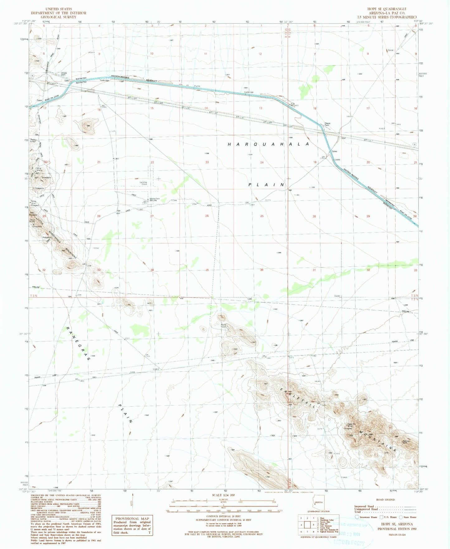 Classic USGS Hope SE Arizona 7.5'x7.5' Topo Map Image