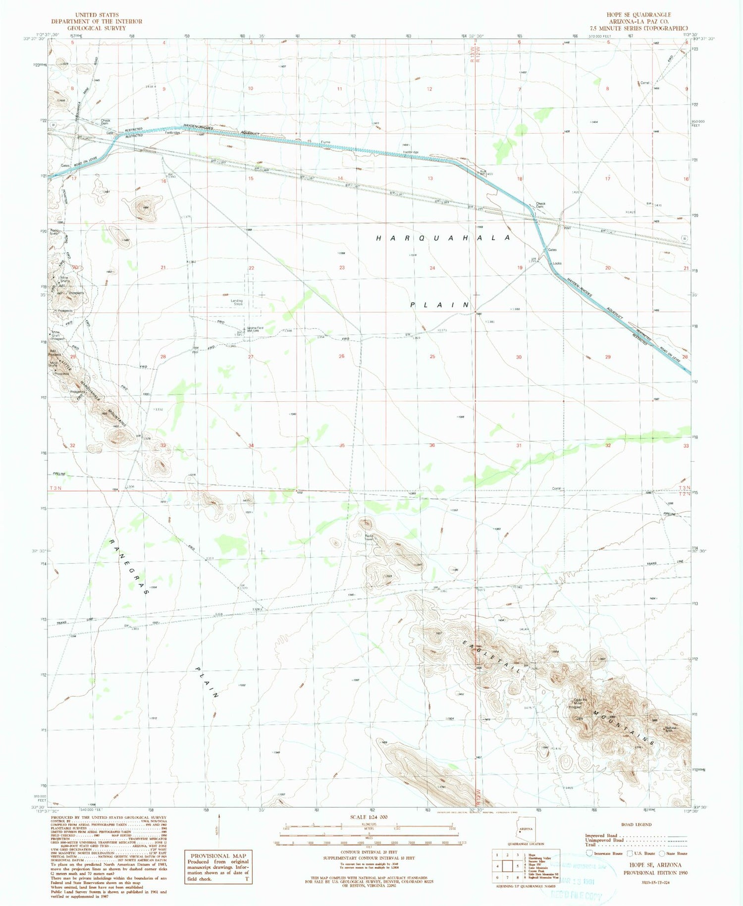 Classic USGS Hope SE Arizona 7.5'x7.5' Topo Map Image