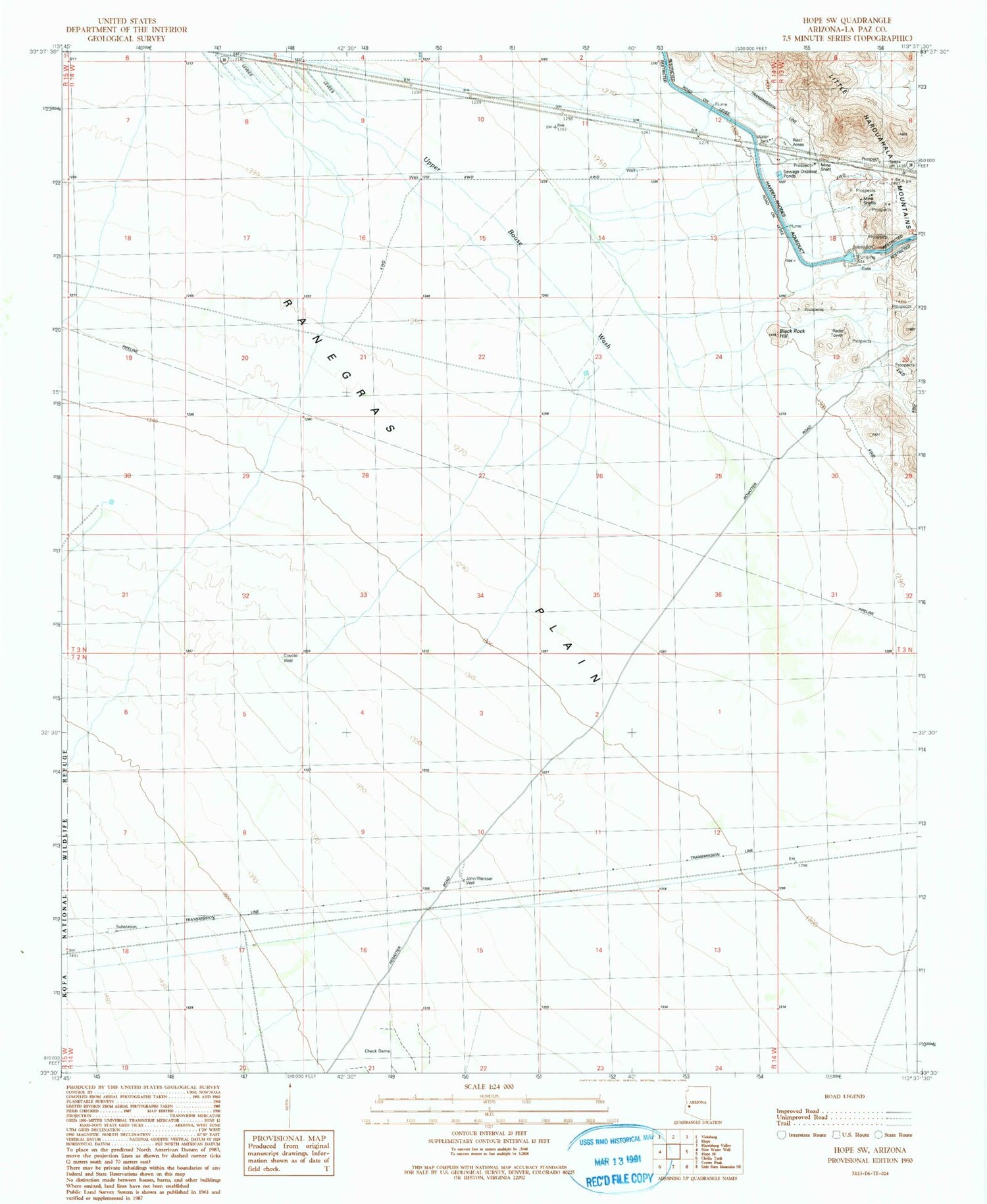 Classic USGS Hope SW Arizona 7.5'x7.5' Topo Map Image
