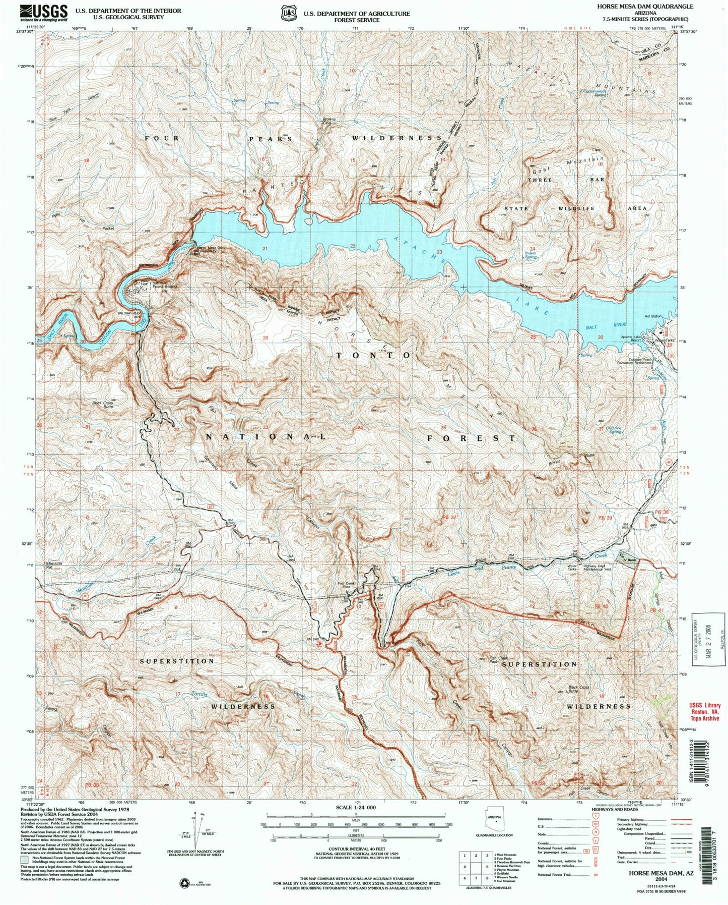 Classic USGS Horse Mesa Dam Arizona 7.5'x7.5' Topo Map Image