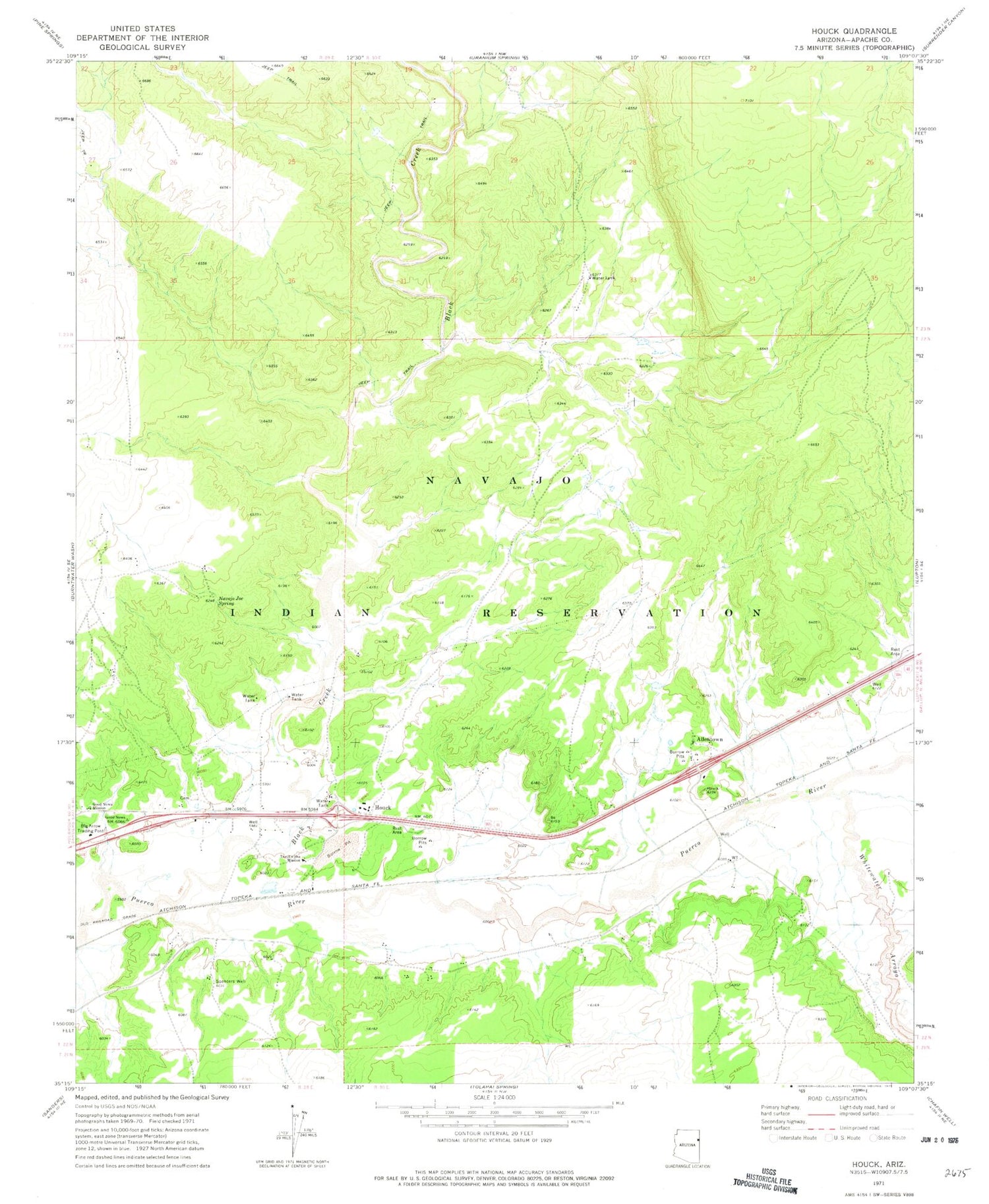 Classic USGS Houck Arizona 7.5'x7.5' Topo Map Image