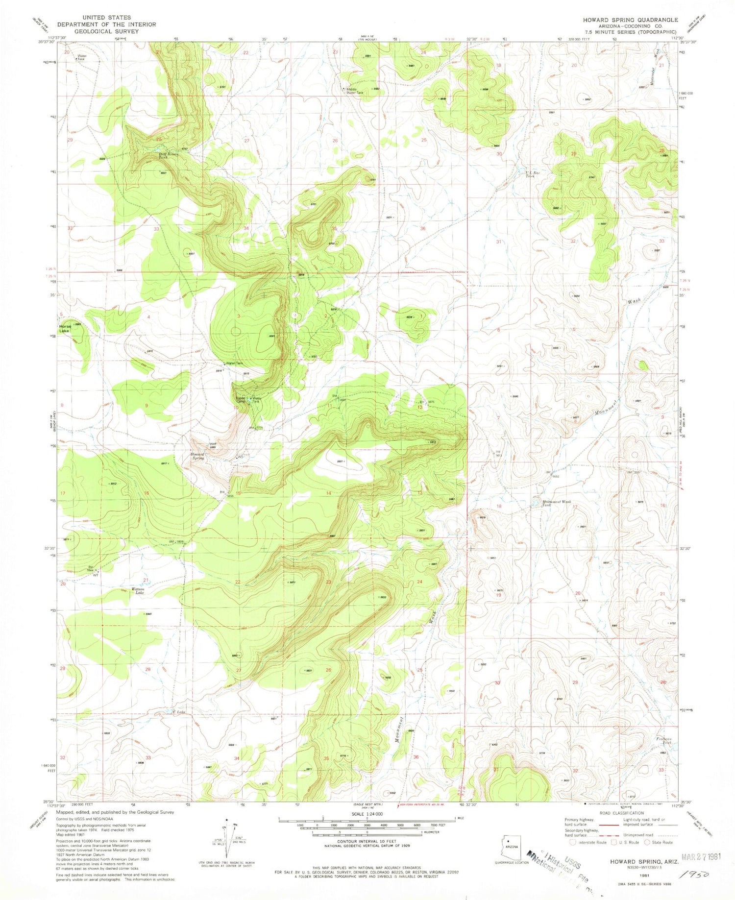 Classic USGS Howard Spring Arizona 7.5'x7.5' Topo Map Image