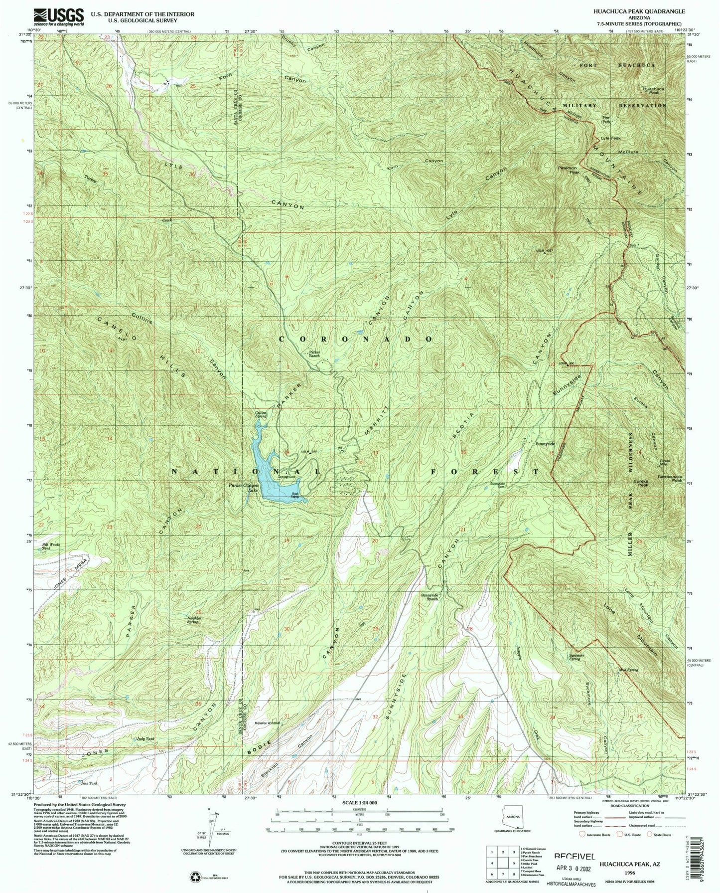 Classic USGS Huachuca Peak Arizona 7.5'x7.5' Topo Map Image