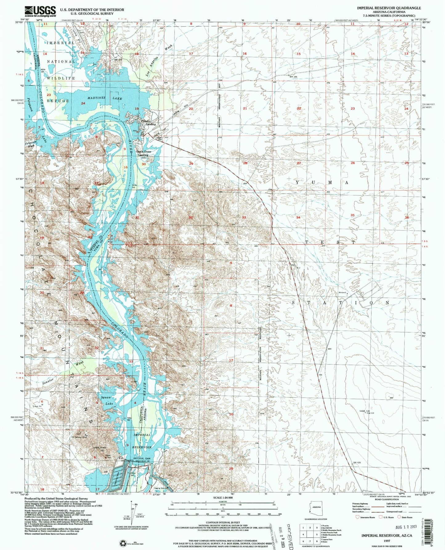 Classic USGS Imperial Reservoir Arizona 7.5'x7.5' Topo Map Image