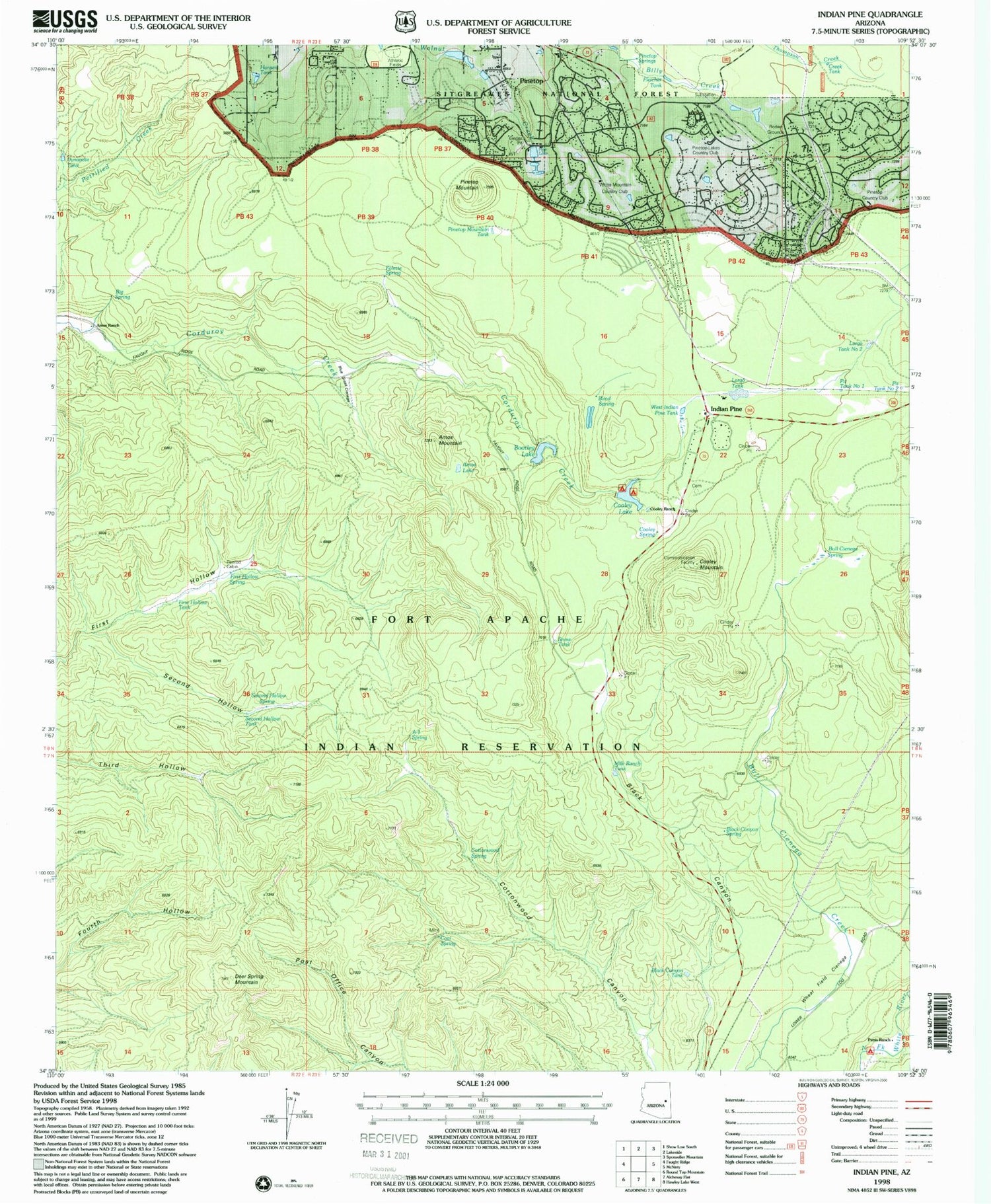 Classic USGS Indian Pine Arizona 7.5'x7.5' Topo Map Image