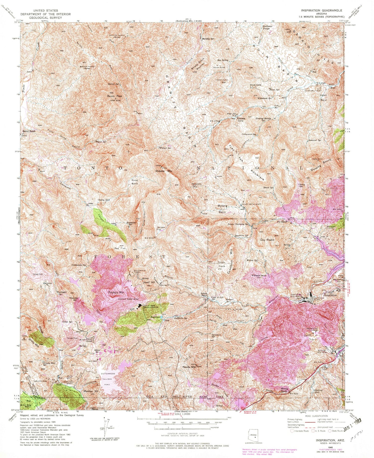 Classic USGS Inspiration Arizona 7.5'x7.5' Topo Map Image