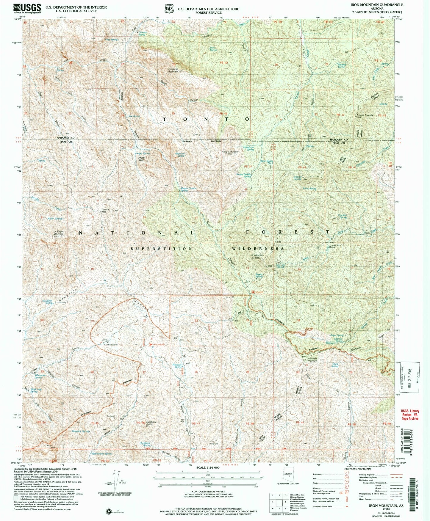 Classic USGS Iron Mountain Arizona 7.5'x7.5' Topo Map Image