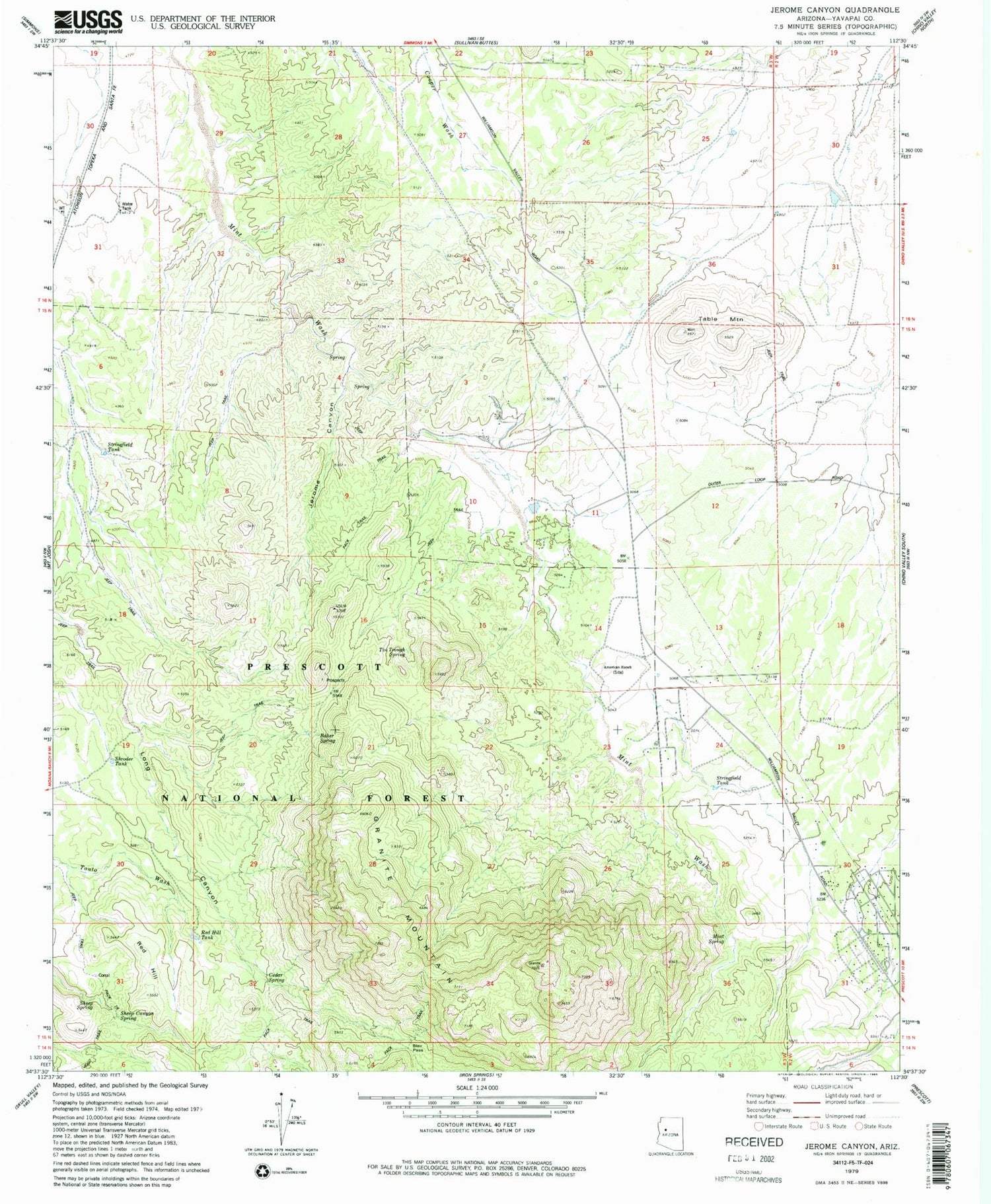 Classic USGS Jerome Canyon Arizona 7.5'x7.5' Topo Map Image