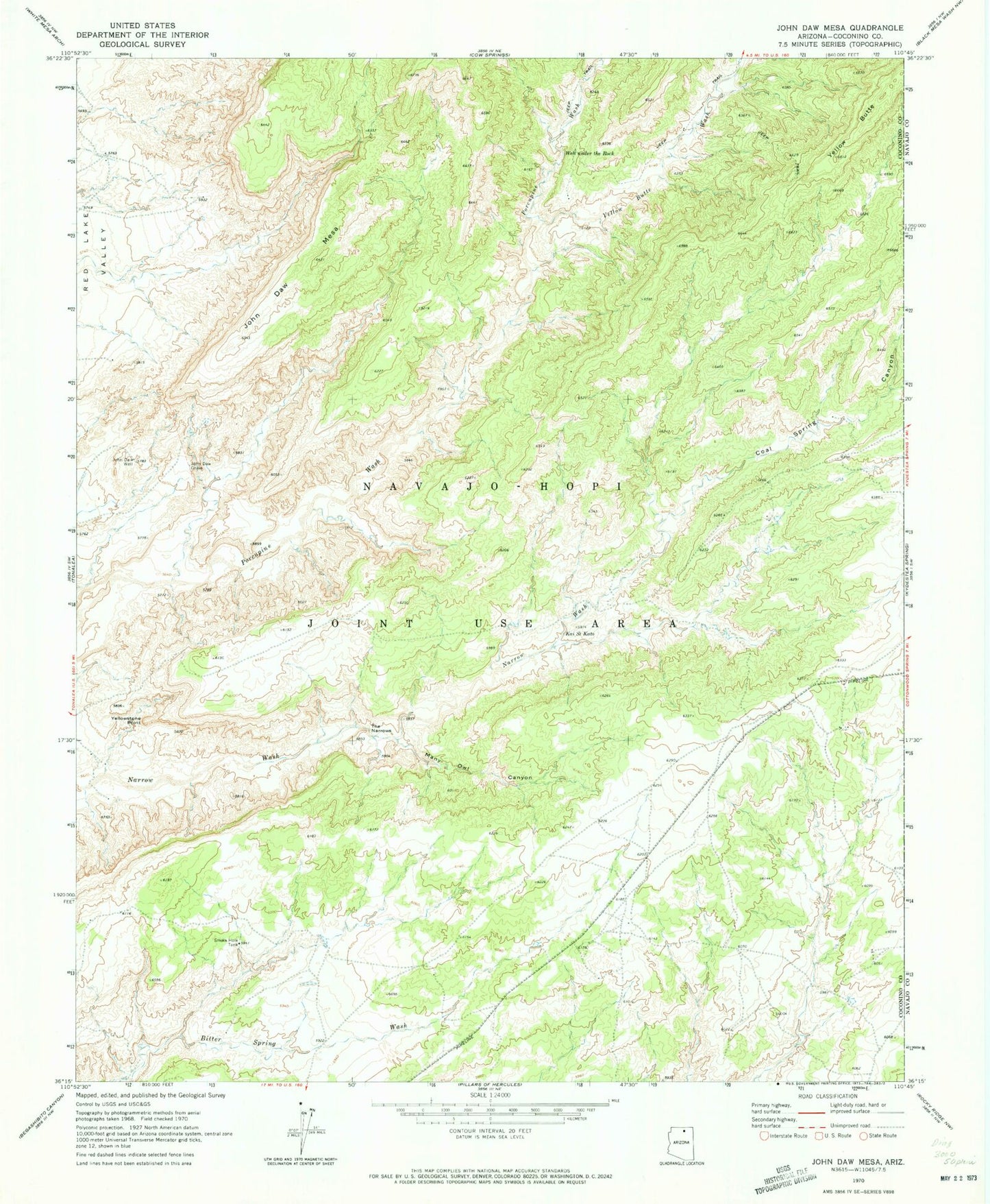 Classic USGS John Daw Mesa Arizona 7.5'x7.5' Topo Map Image