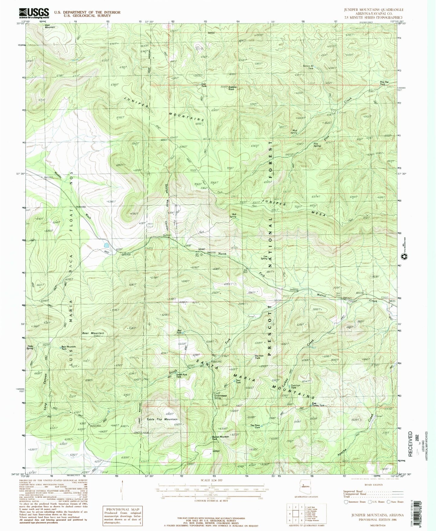 Classic USGS Juniper Mountains Arizona 7.5'x7.5' Topo Map Image