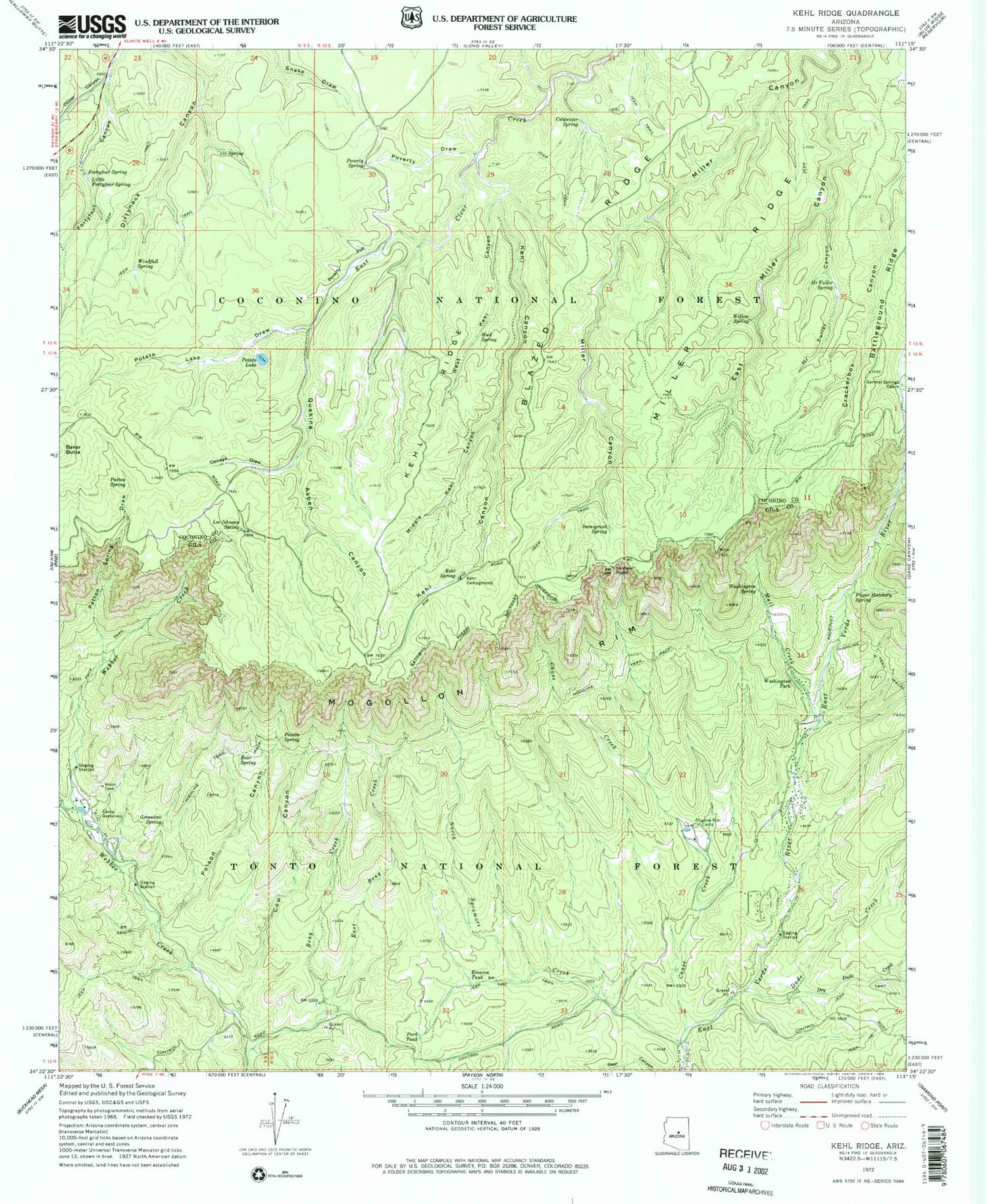 Classic USGS Kehl Ridge Arizona 7.5'x7.5' Topo Map Image