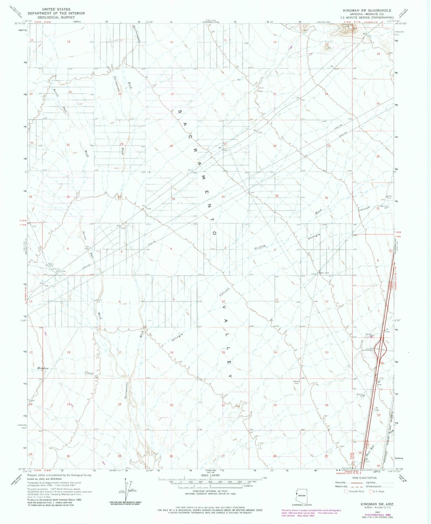 Classic USGS Kingman SW Arizona 7.5'x7.5' Topo Map Image