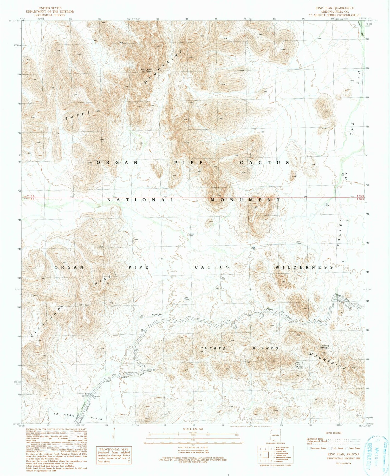 Classic USGS Kino Peak Arizona 7.5'x7.5' Topo Map Image