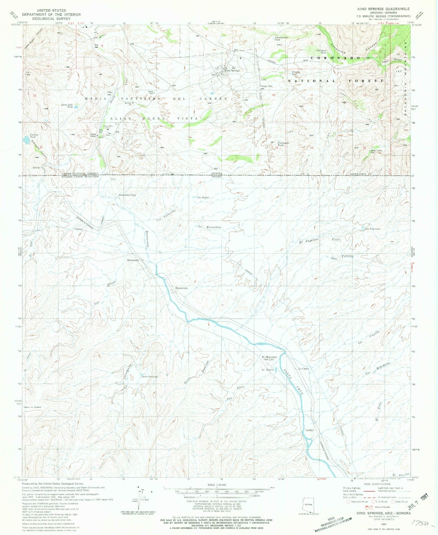 Classic USGS Kino Springs Arizona 7.5'x7.5' Topo Map Image