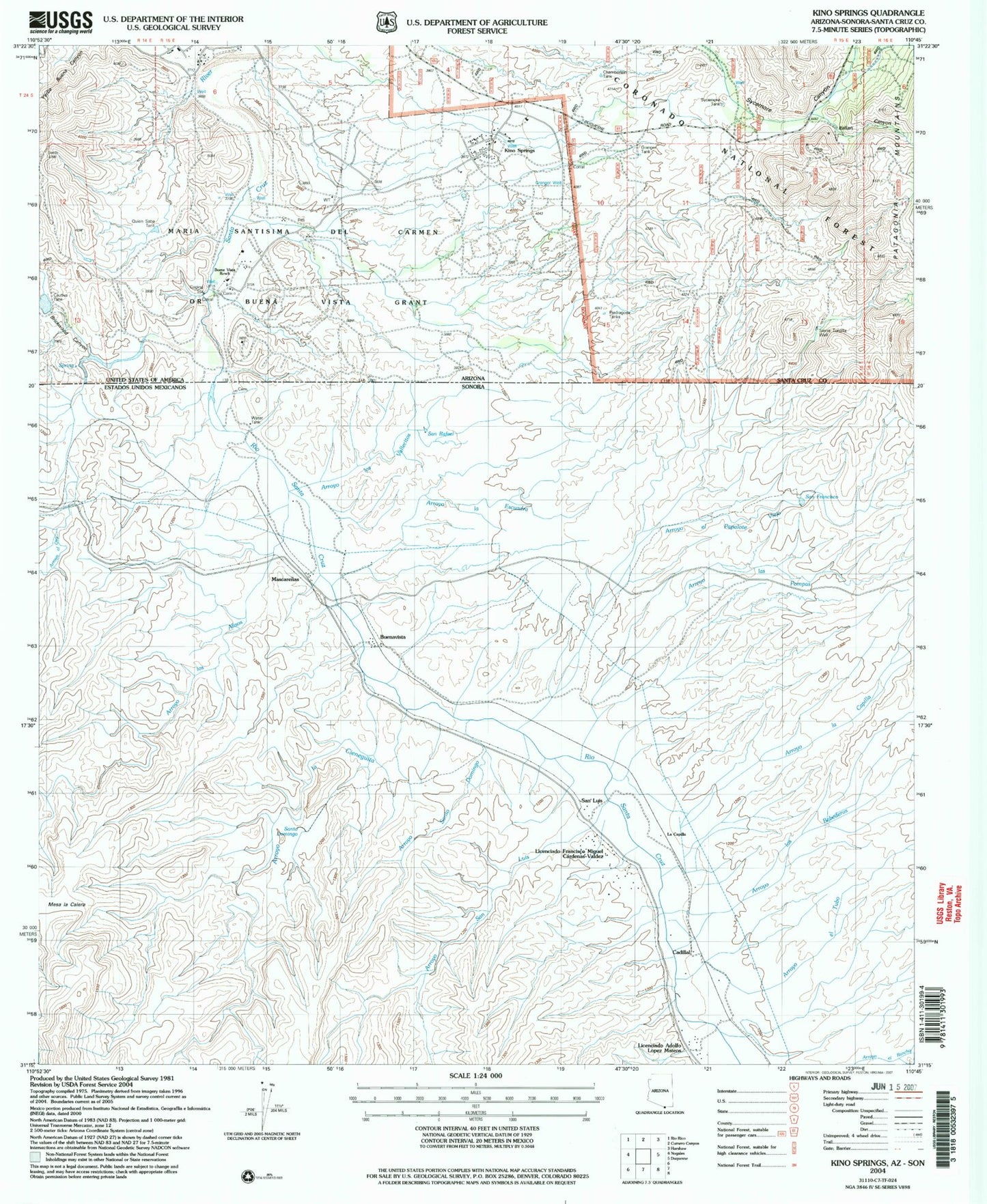 Classic USGS Kino Springs Arizona 7.5'x7.5' Topo Map Image