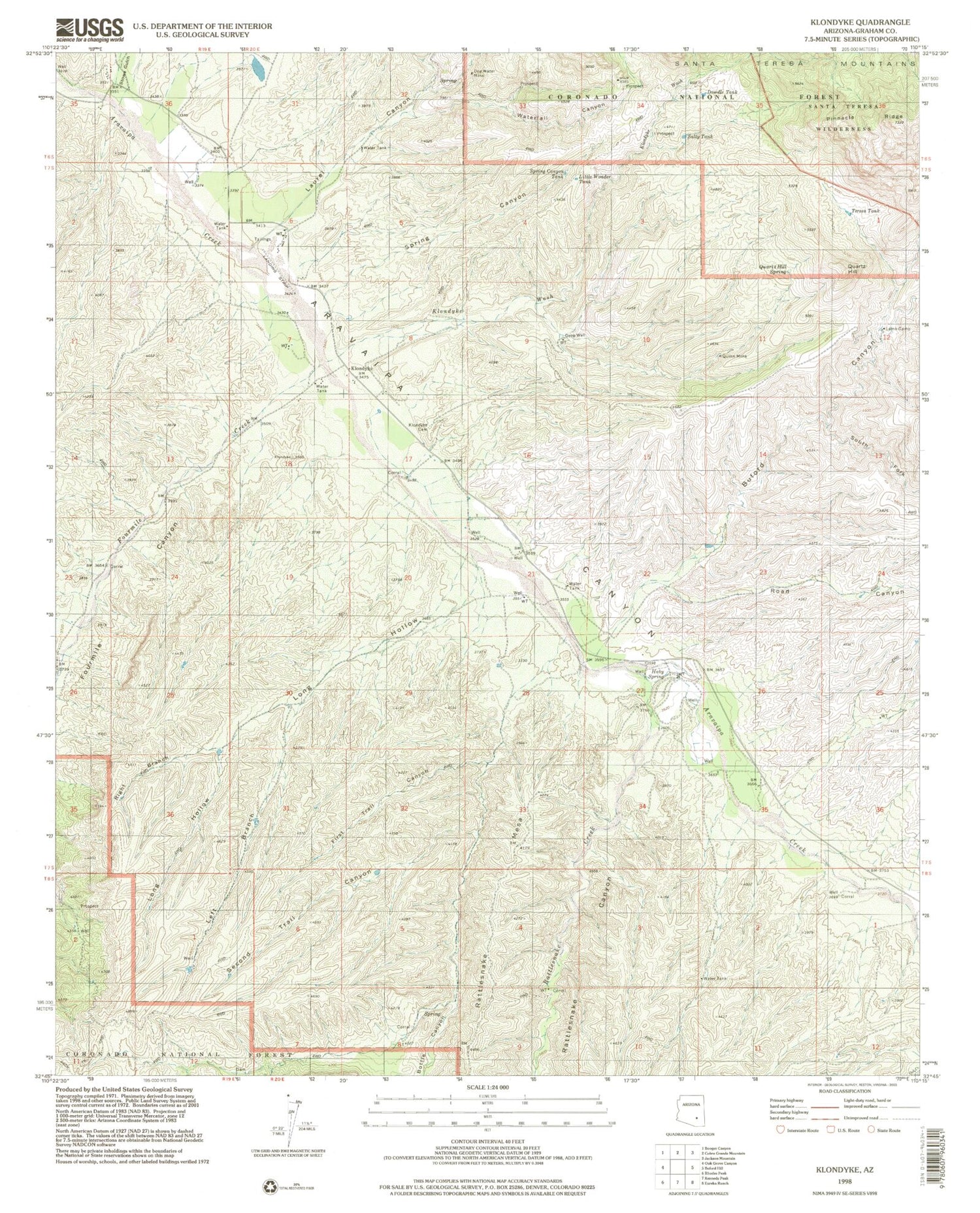 Classic USGS Klondyke Arizona 7.5'x7.5' Topo Map Image