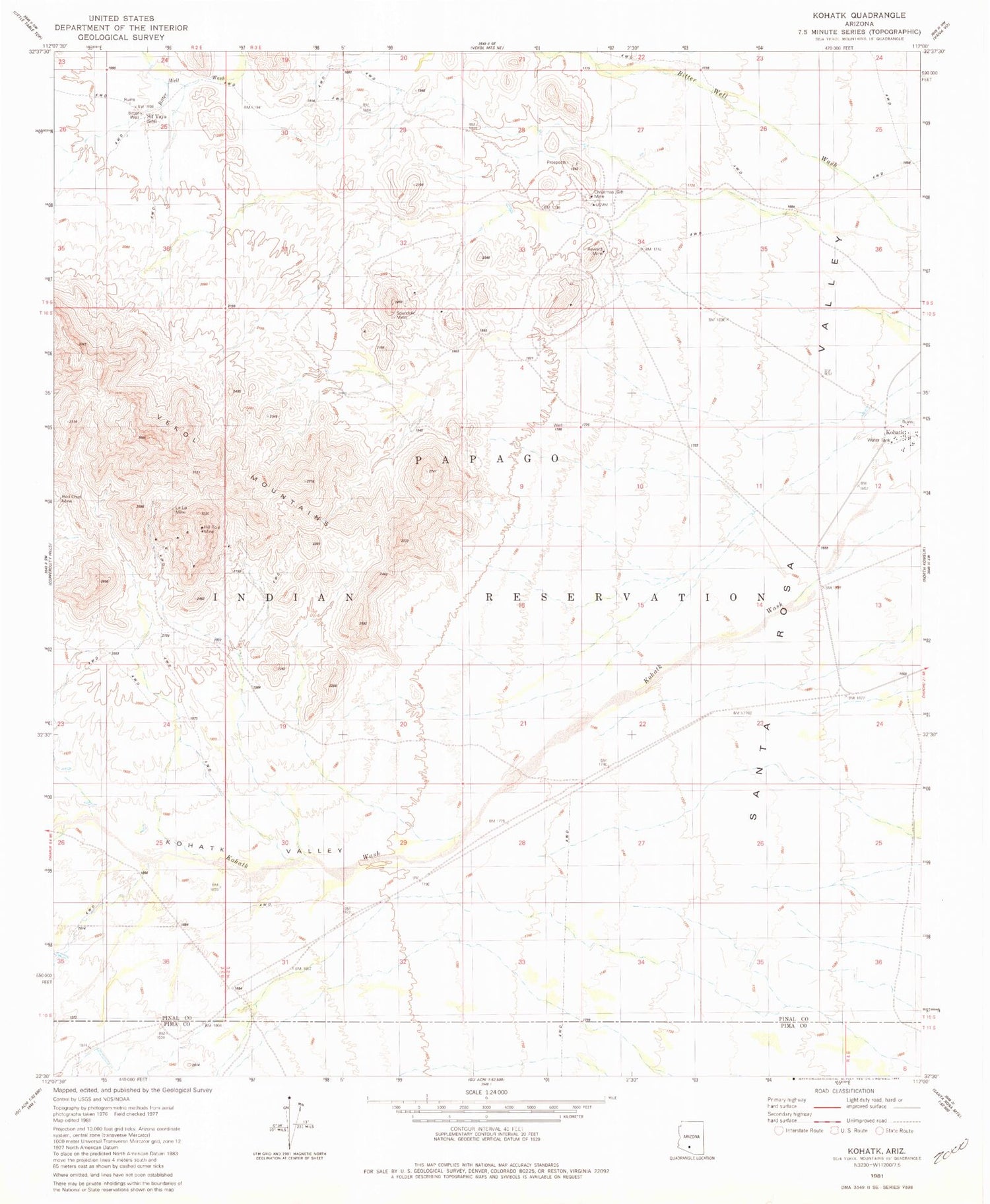 Classic USGS Kohatk Arizona 7.5'x7.5' Topo Map Image