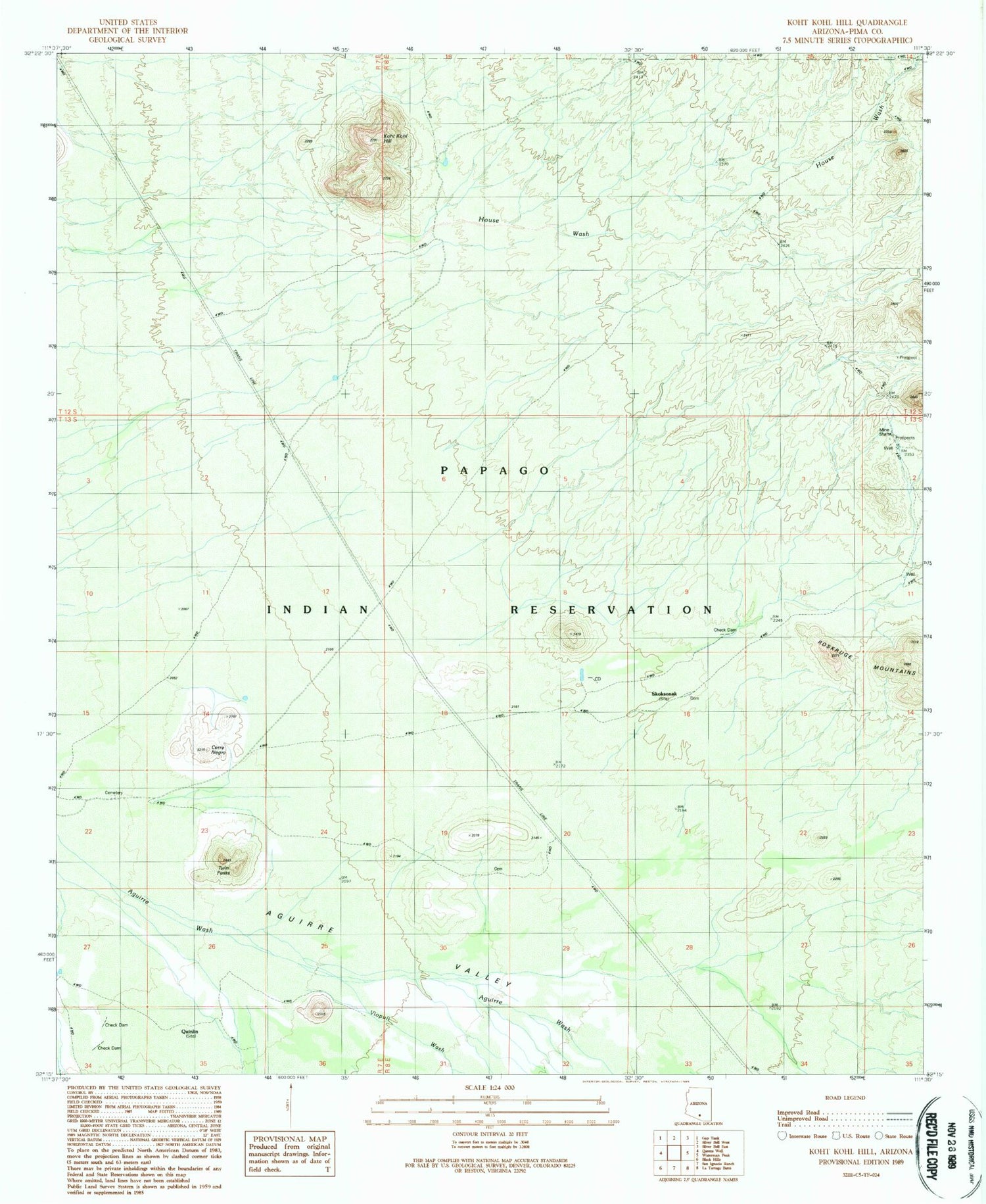 Classic USGS Koht Kohl Hill Arizona 7.5'x7.5' Topo Map Image