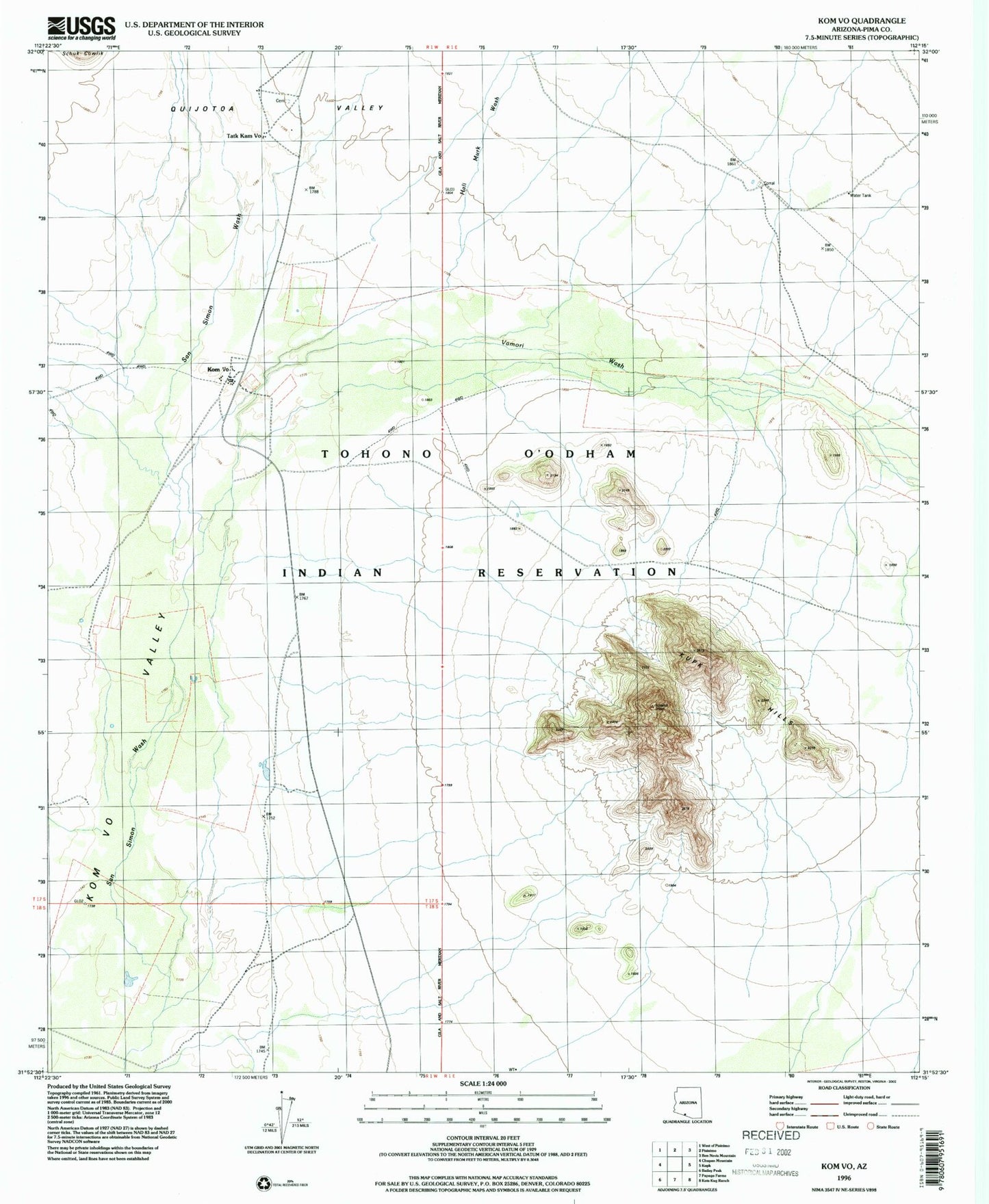 Classic USGS Kom Vo Arizona 7.5'x7.5' Topo Map Image