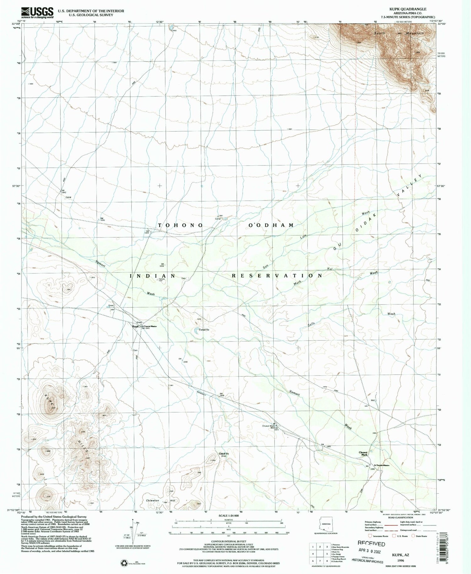 Classic USGS Kupk Arizona 7.5'x7.5' Topo Map Image