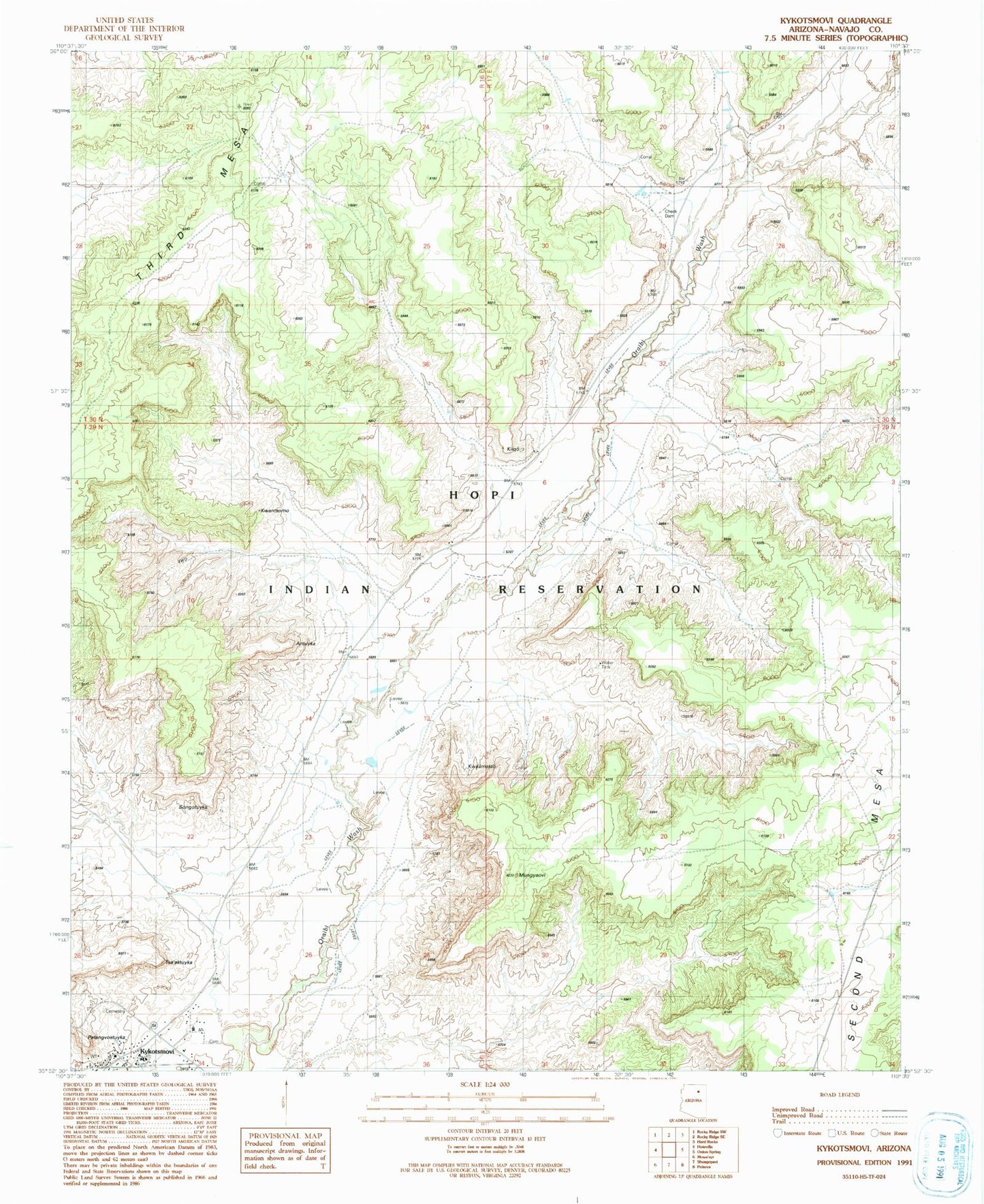 Classic USGS Kykotsmovi Arizona 7.5'x7.5' Topo Map Image