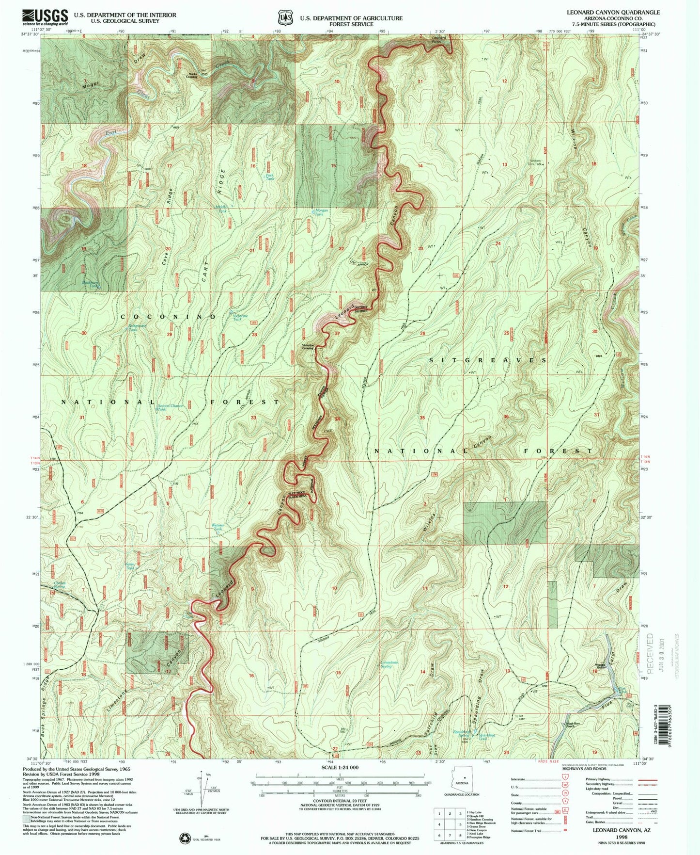 Classic USGS Leonard Canyon Arizona 7.5'x7.5' Topo Map Image