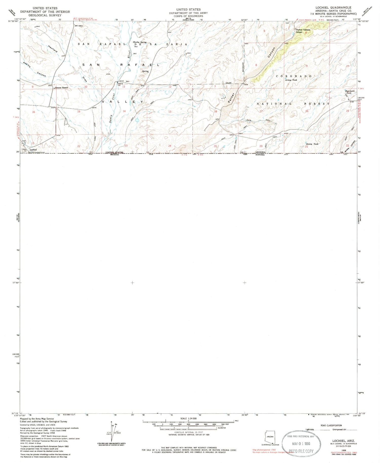 Classic USGS Lochiel Arizona 7.5'x7.5' Topo Map Image