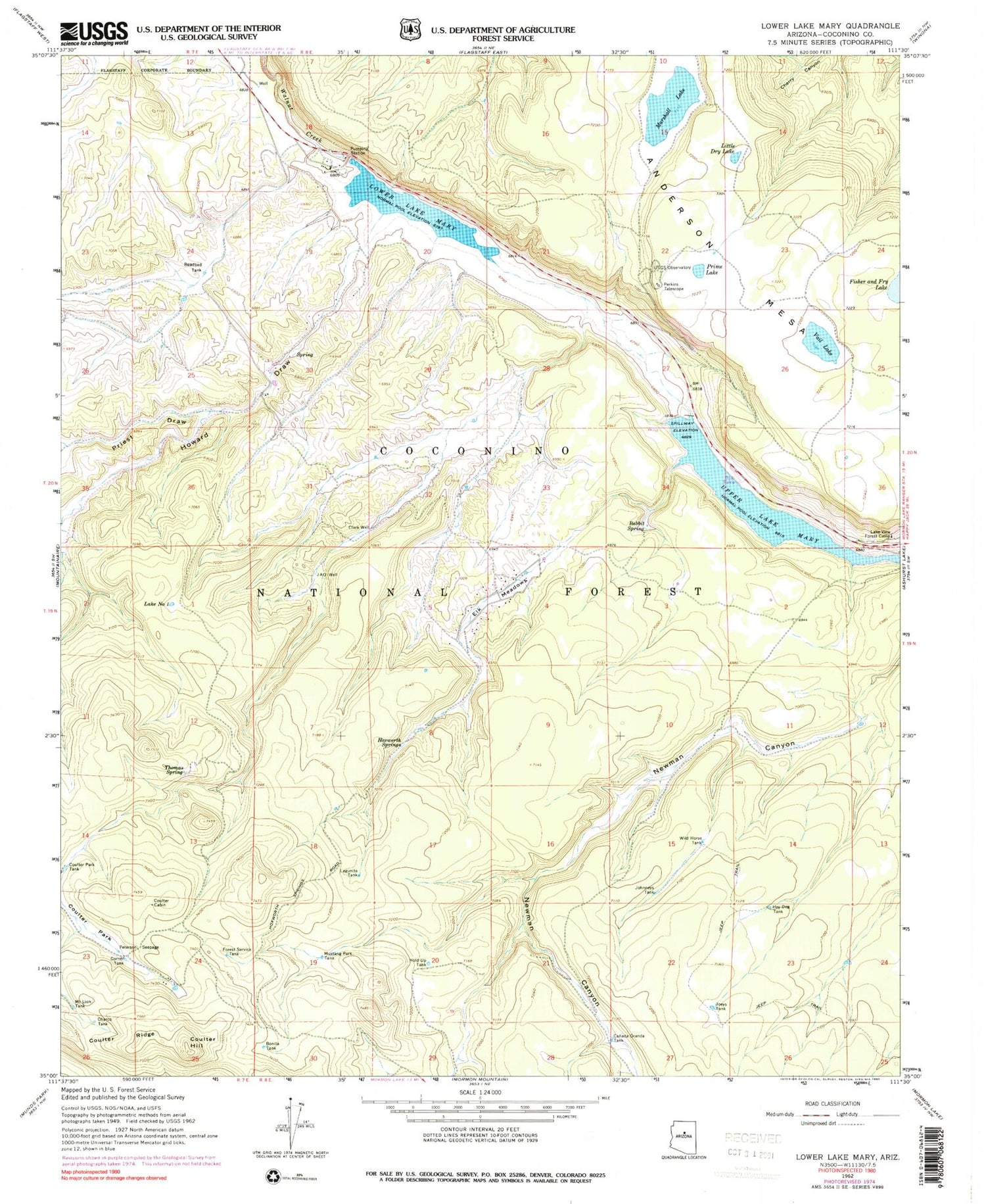 Classic USGS Lower Lake Mary Arizona 7.5'x7.5' Topo Map Image