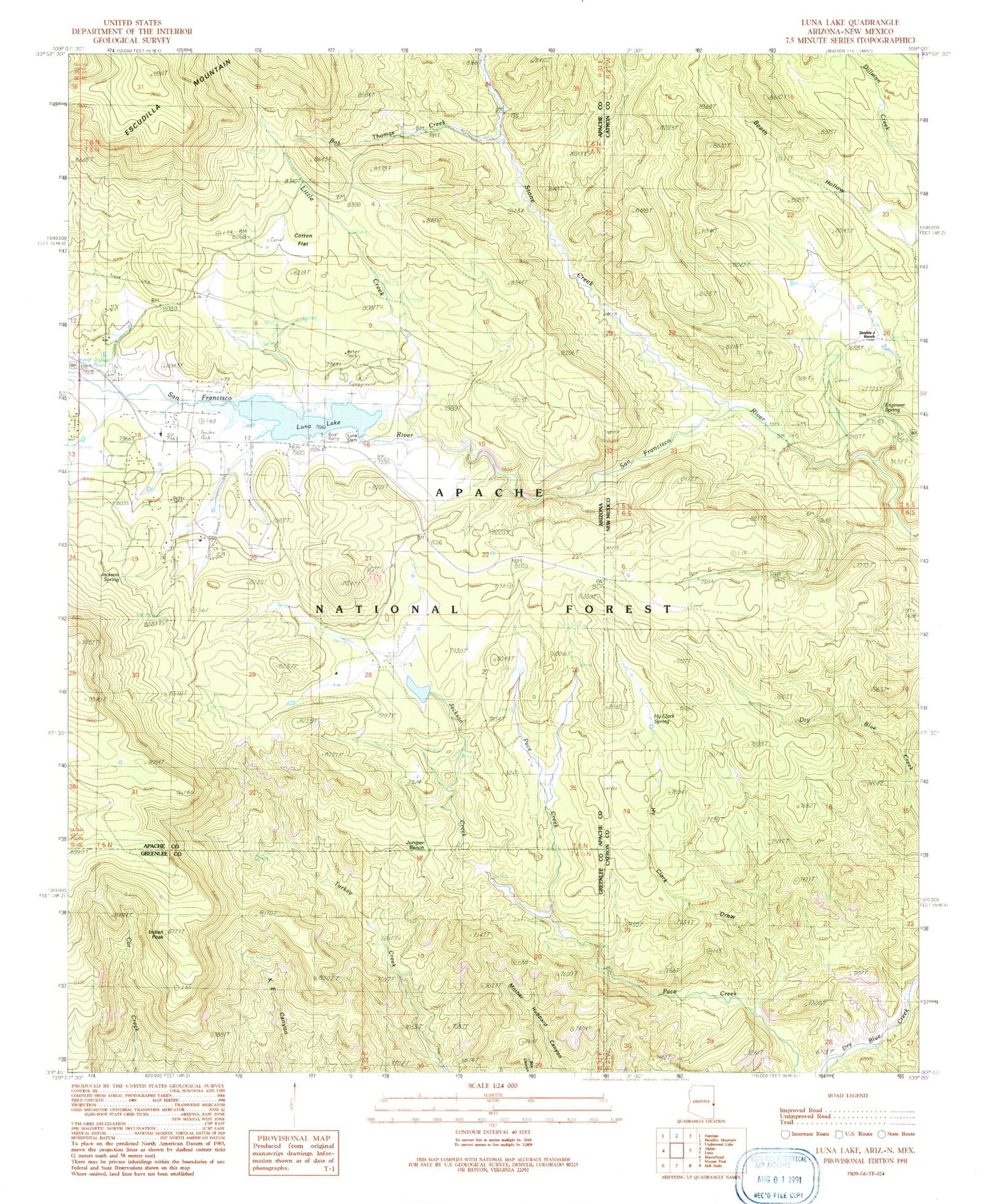 Classic USGS Luna Lake Arizona 7.5'x7.5' Topo Map Image