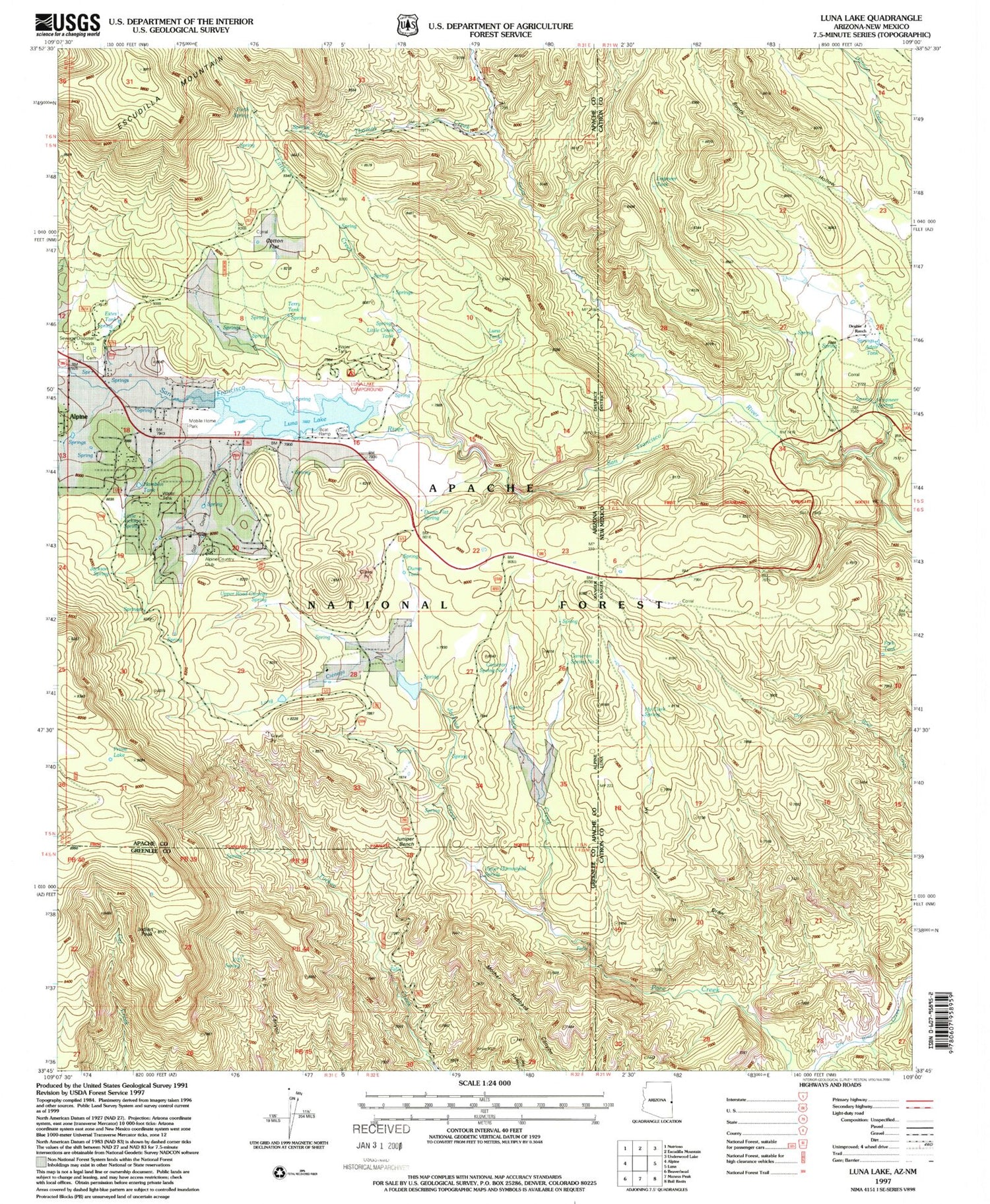 Classic USGS Luna Lake Arizona 7.5'x7.5' Topo Map Image