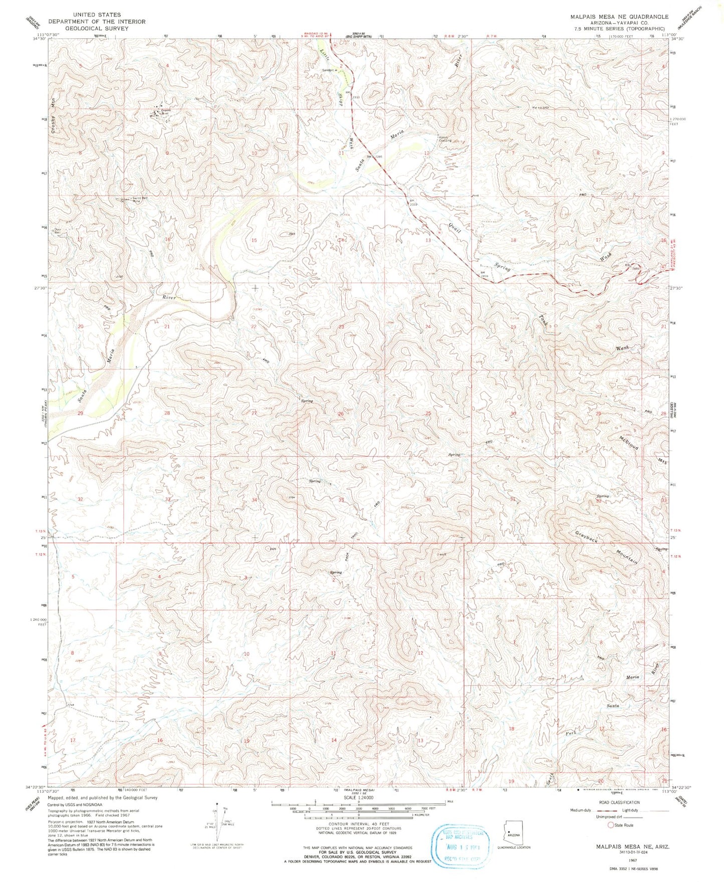 Classic USGS Malpais Mesa NE Arizona 7.5'x7.5' Topo Map Image