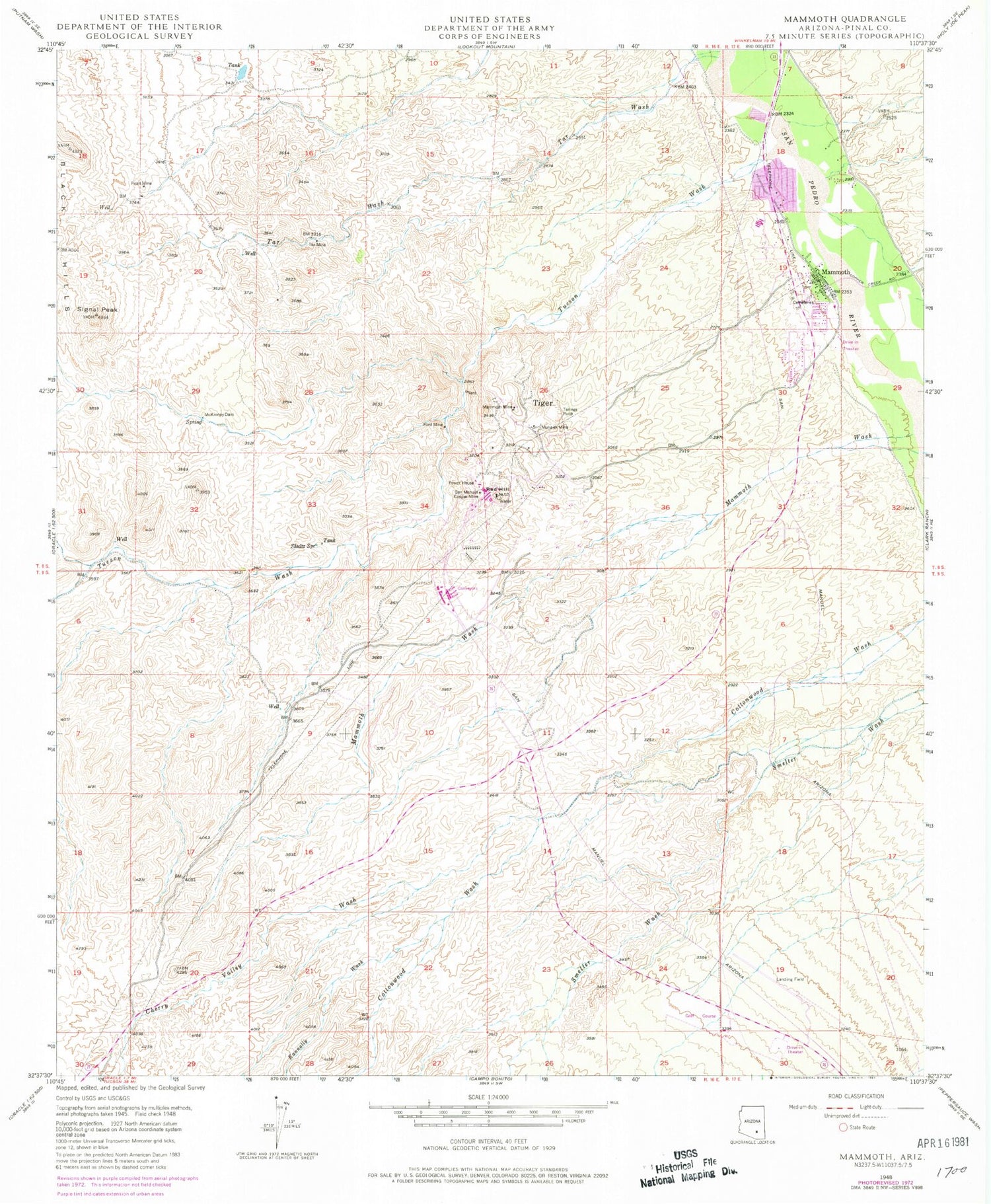 Classic USGS Mammoth Arizona 7.5'x7.5' Topo Map Image