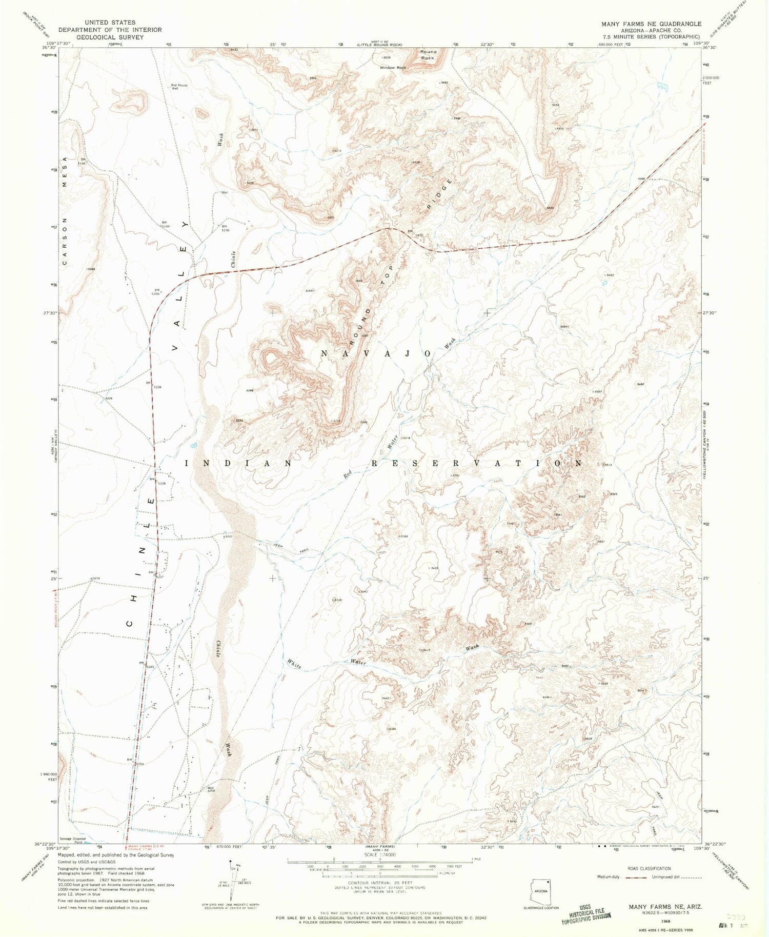 Classic USGS Many Farms NE Arizona 7.5'x7.5' Topo Map Image