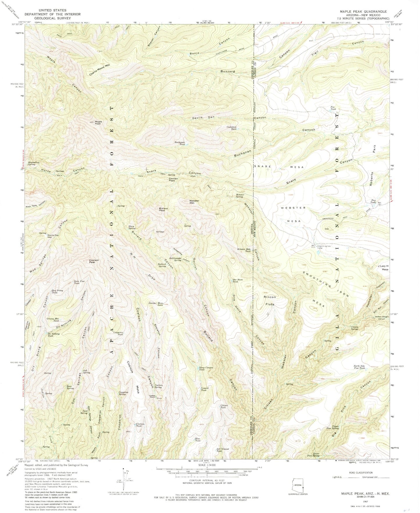 Classic USGS Maple Peak Arizona 7.5'x7.5' Topo Map Image