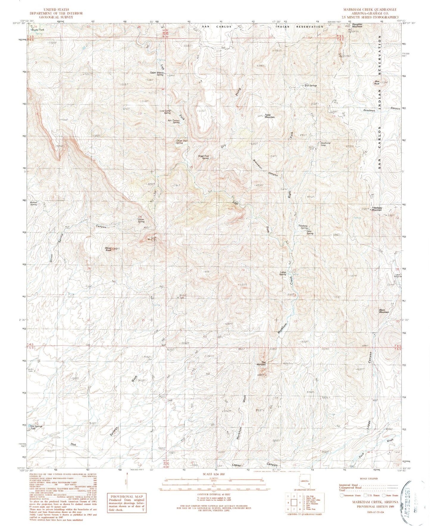 Classic USGS Markham Creek Arizona 7.5'x7.5' Topo Map Image